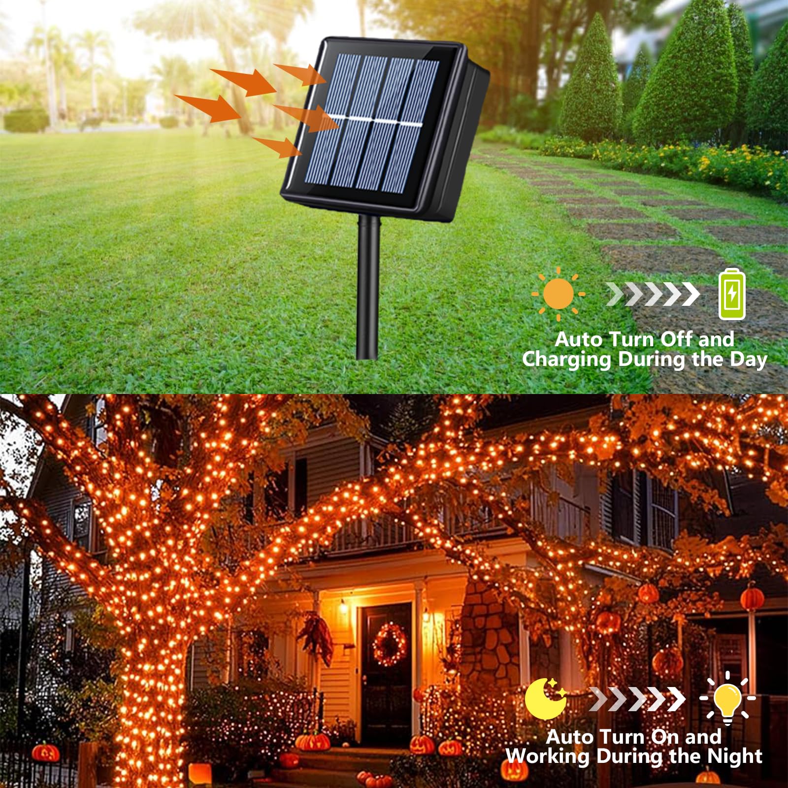 Qitong Orange Solar String Lights For Outside, 2 Pack Each 66Ft 200 Led Halloween Lights Outdoor Waterproof, Green Wire Christma