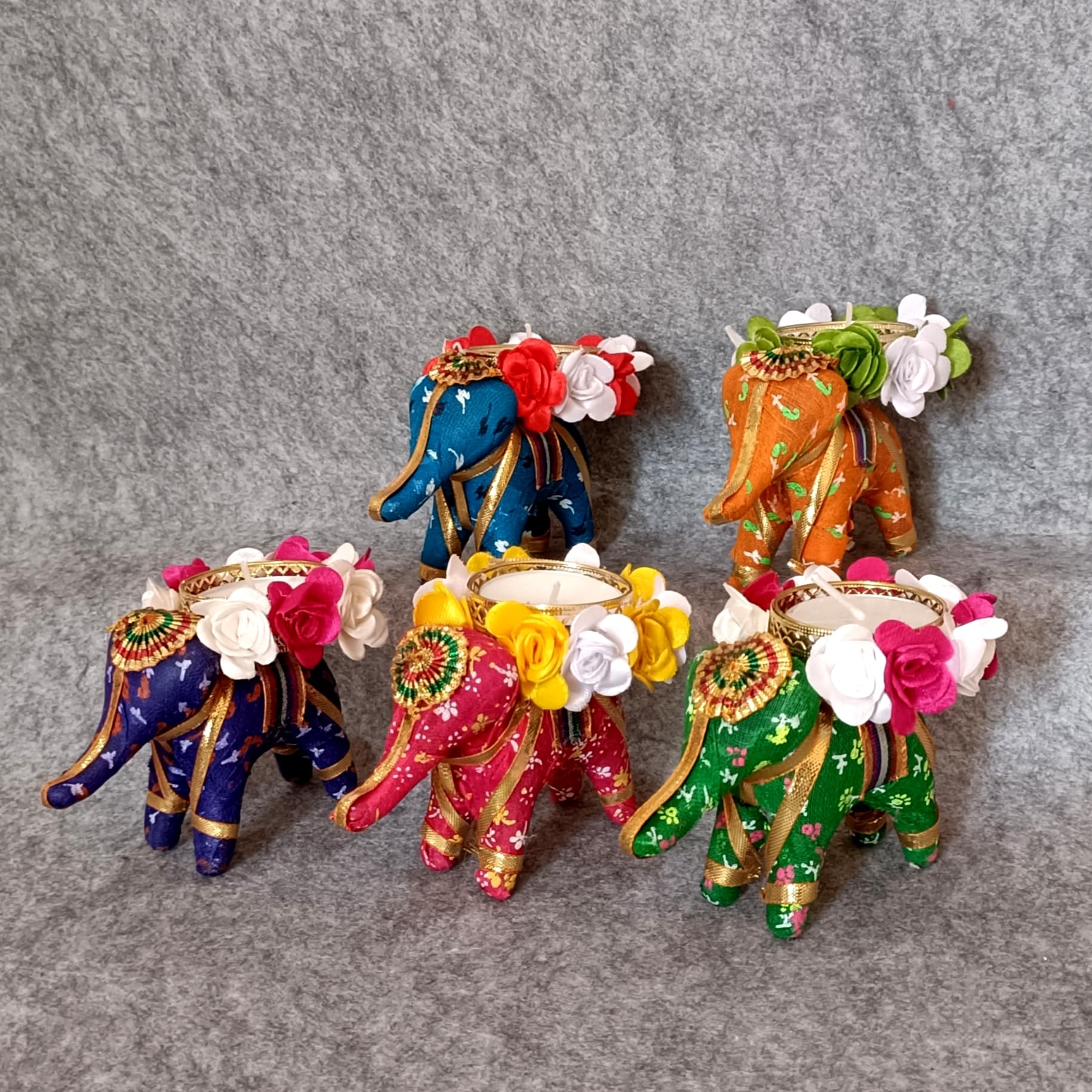 Vibhushita (Set of 5) Designer Artificial Flower Decorative Handmade Elephant Hathi Diwali Diyas Diva Lamp Light for Diwali Fest