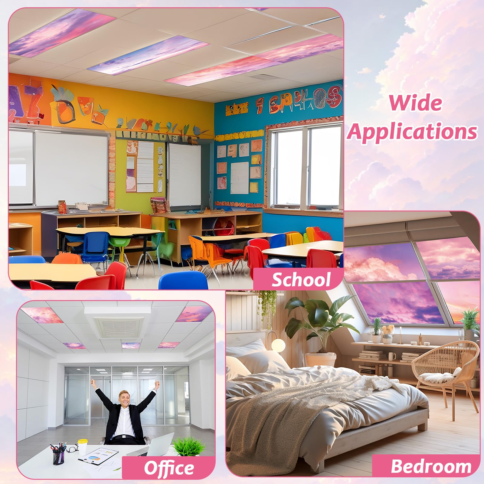 Wiooffen 8 Pack Fluorescent Light Covers, 4x2 ft, Polyester, Sunset Pink, Easy Install for Classroom, Office, Hospital, Model YM0706