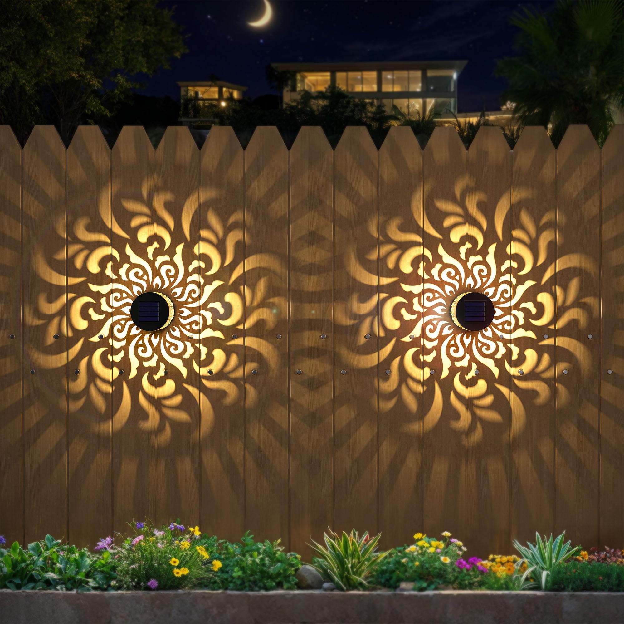 EKQ Solar Fence Lights 2 Pack Outdoor Deck Step Wall Lights Metal Waterproof LED Warm Yellow Light for Garden Post Patio Backyar