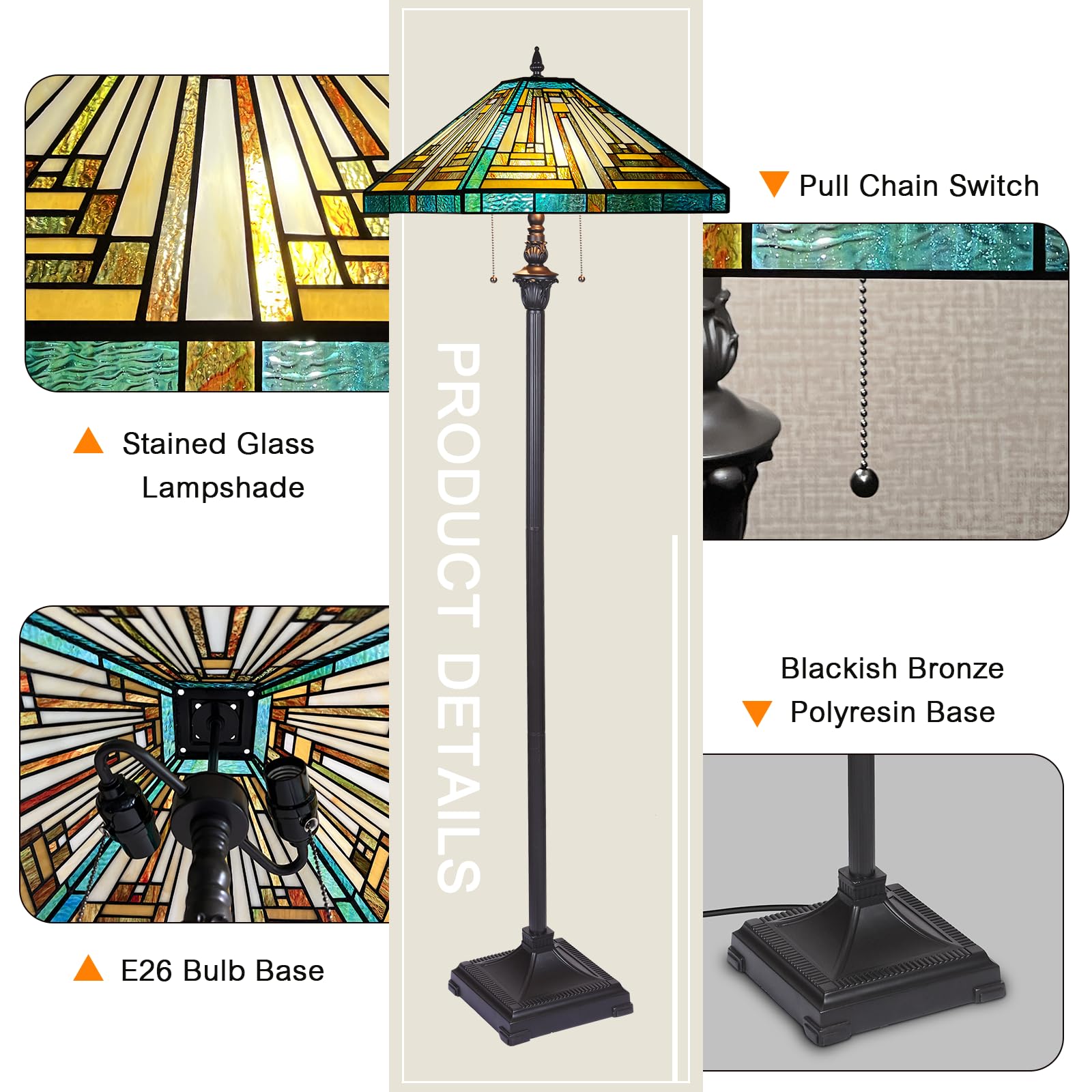 Capulina Tiffany Floor Lamp 2-Light, 63" Antique Style Stained Glass, Amber Green, Model CL164474FL, Ideal for Living Room & Bedroom