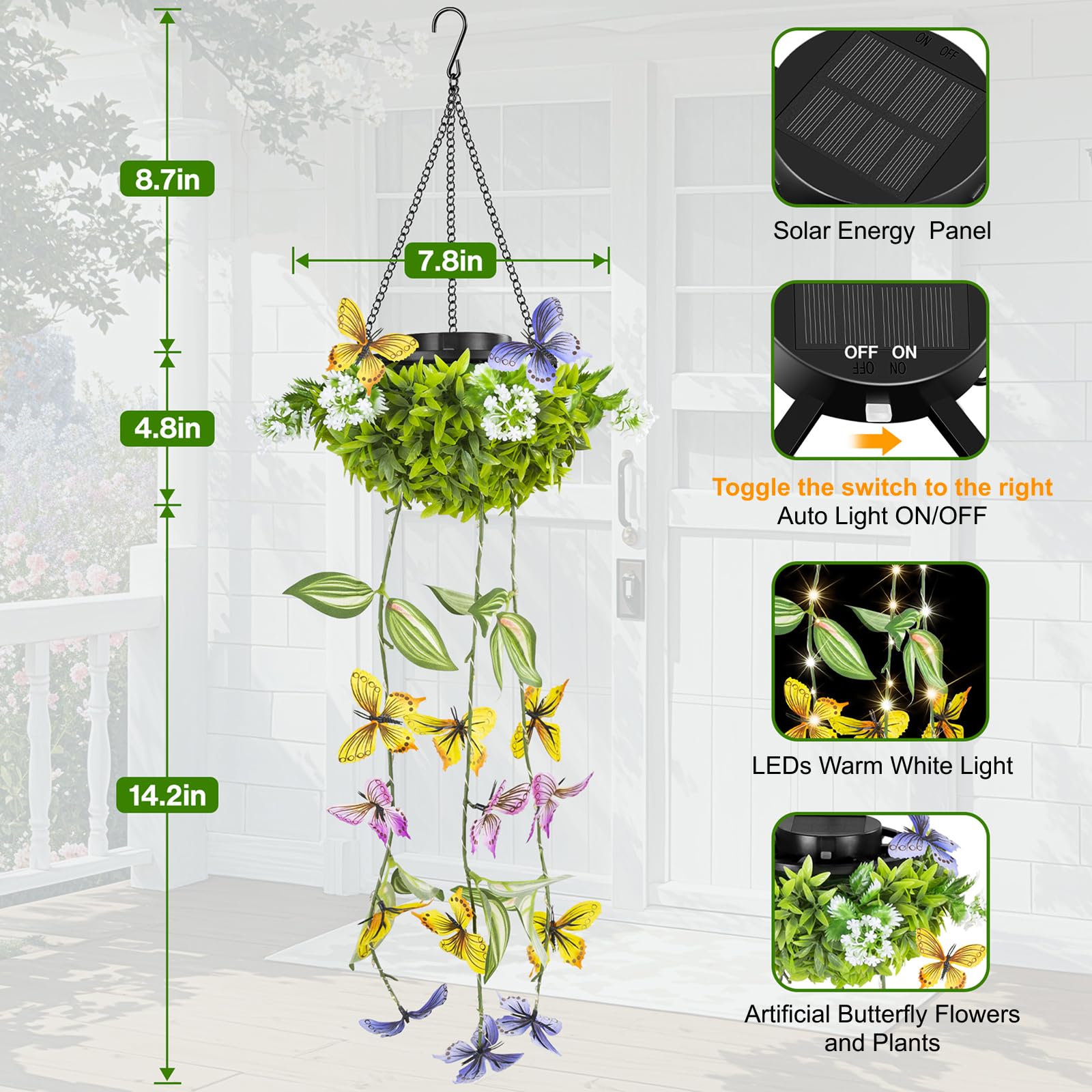 Solar Hanging Garden Lights - 2 Pack  Artificial Butterfly & Flower Led Fairy String Lights  Ip65 Waterproof Outdoor Festive Decor For Patio  Porch  Garden  Yard  Warm Gift For Mom  Family & Friends