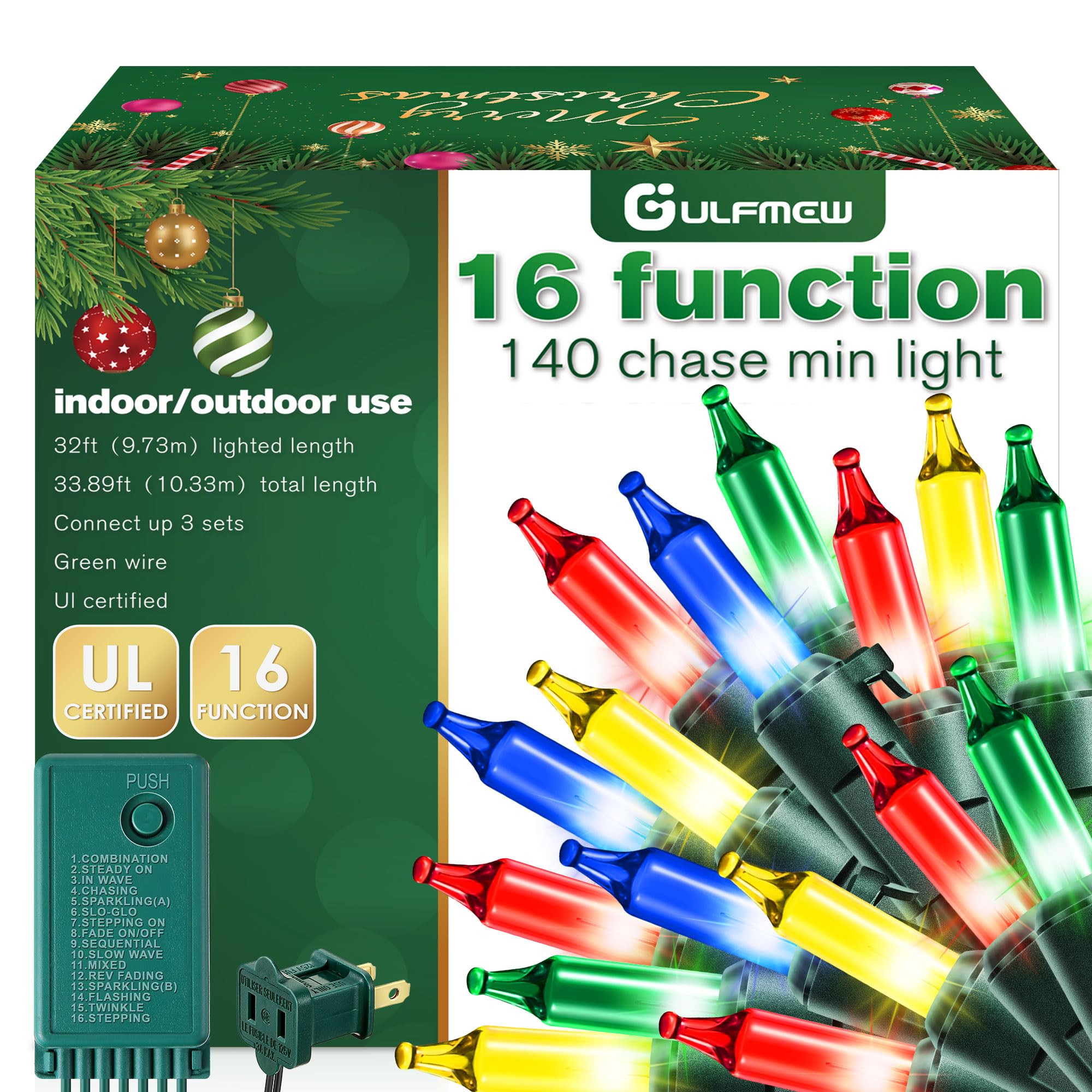 Gulfmew Christmas Lights - 16 Function Controller, 140 Mini Bulbs, 34 ft, Multicolor, Indoor Twinkling, UL Certified, IP44 Waterproof