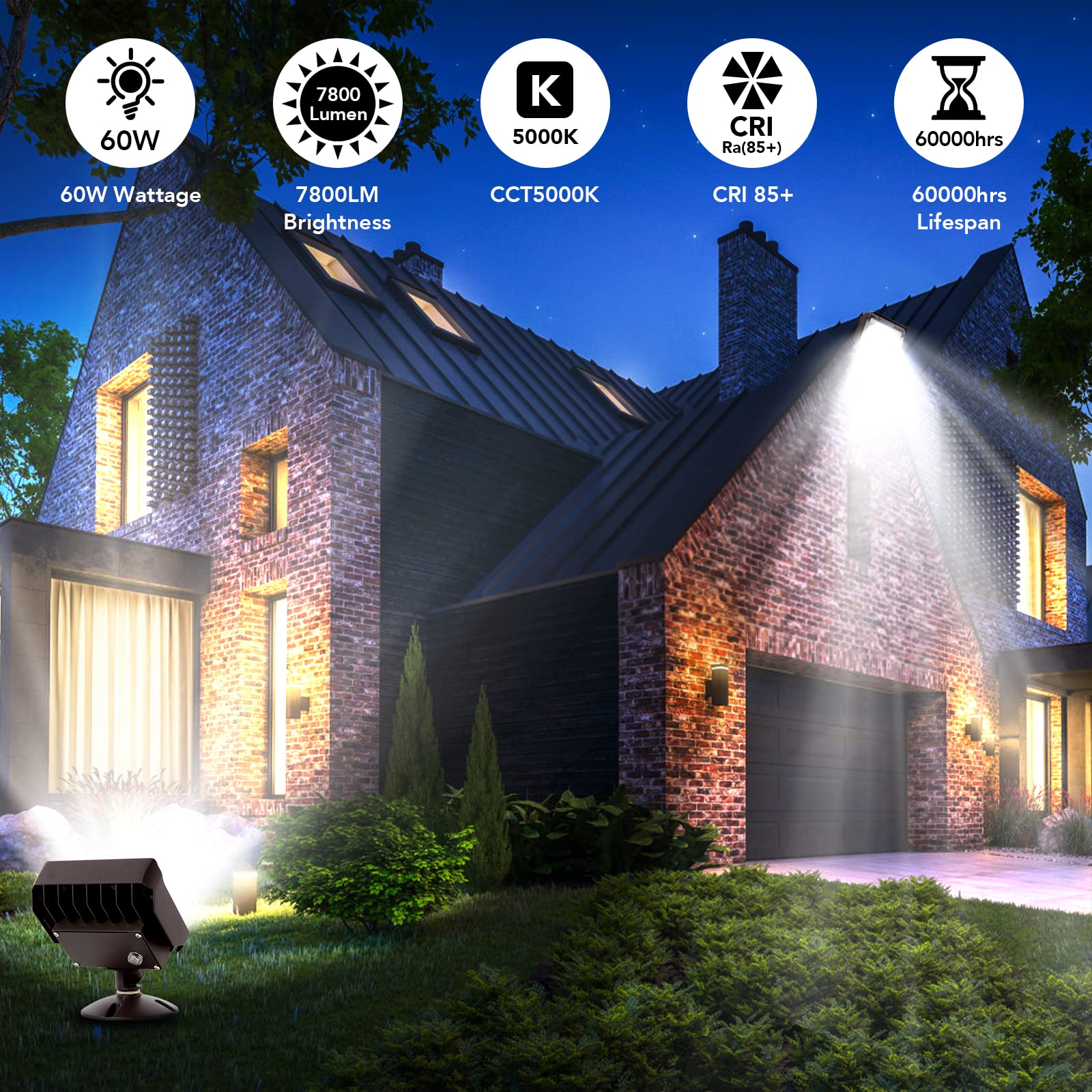Paktonvo 60W Led Flood Light With Knuckle, Outdoor Flood Light Dusk To Dawn Photocell 5000K 7800Lm Ac100-277V Equivalent 600W, E