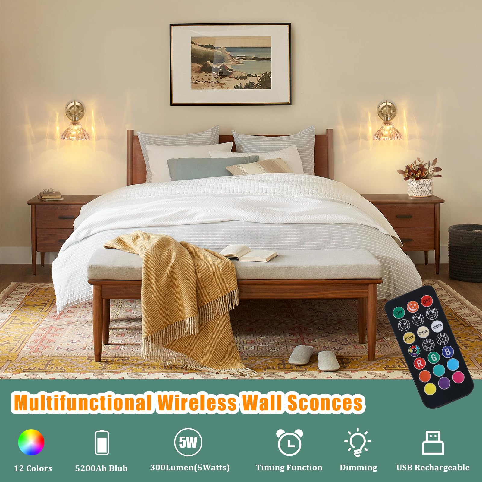 Shenmoyl Battery Operated Wall Sconce Set of 2, Vintage Amber Lily Glass Shade, Wireless Indoor Lamp, Model 1-93759-wlamp