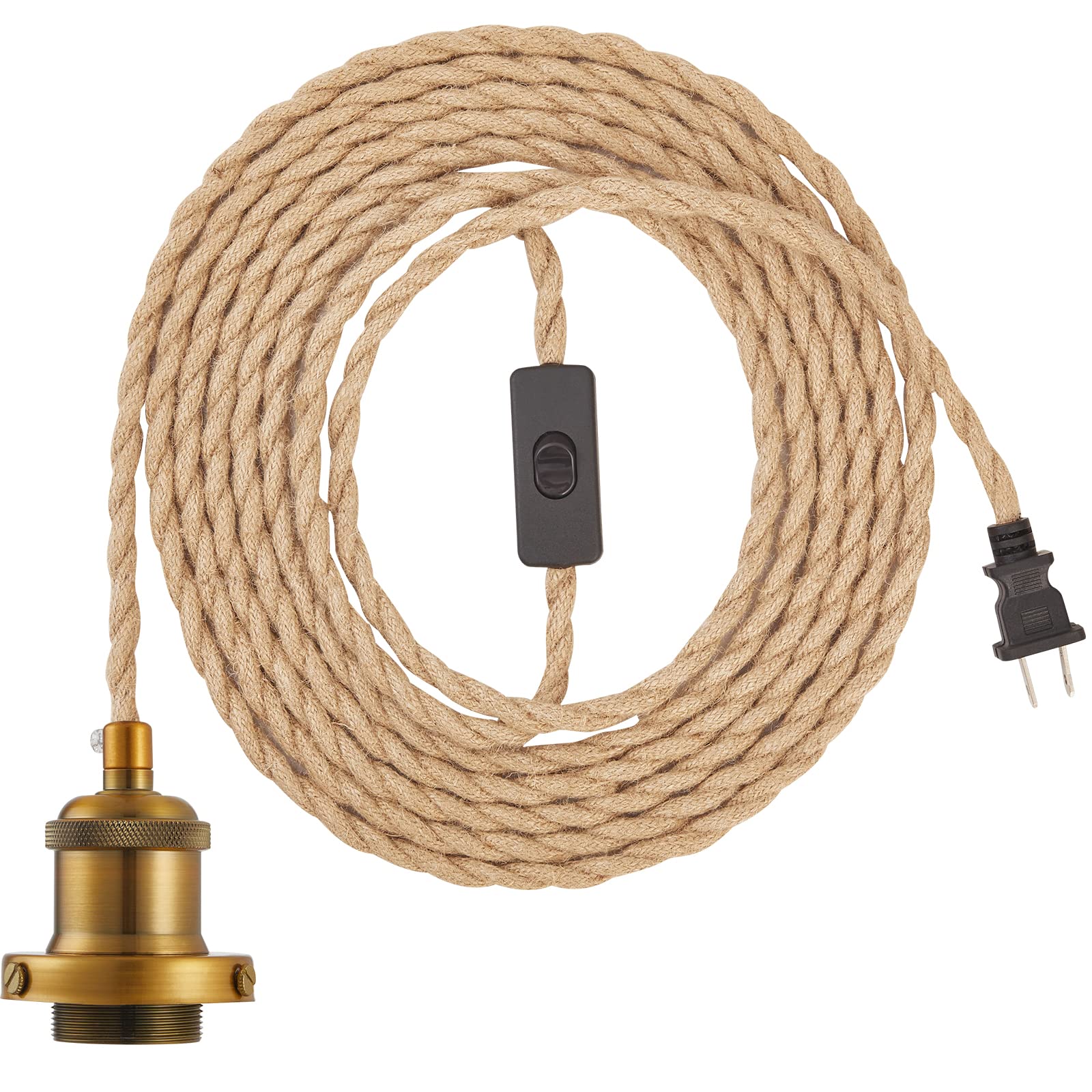 GNOLAK Pendant Light Cord Kit, 15.4ft Industrial E26 Socket, Hemp Rope, Pearl Black, Model CTMSTD, Plug-in with Switch