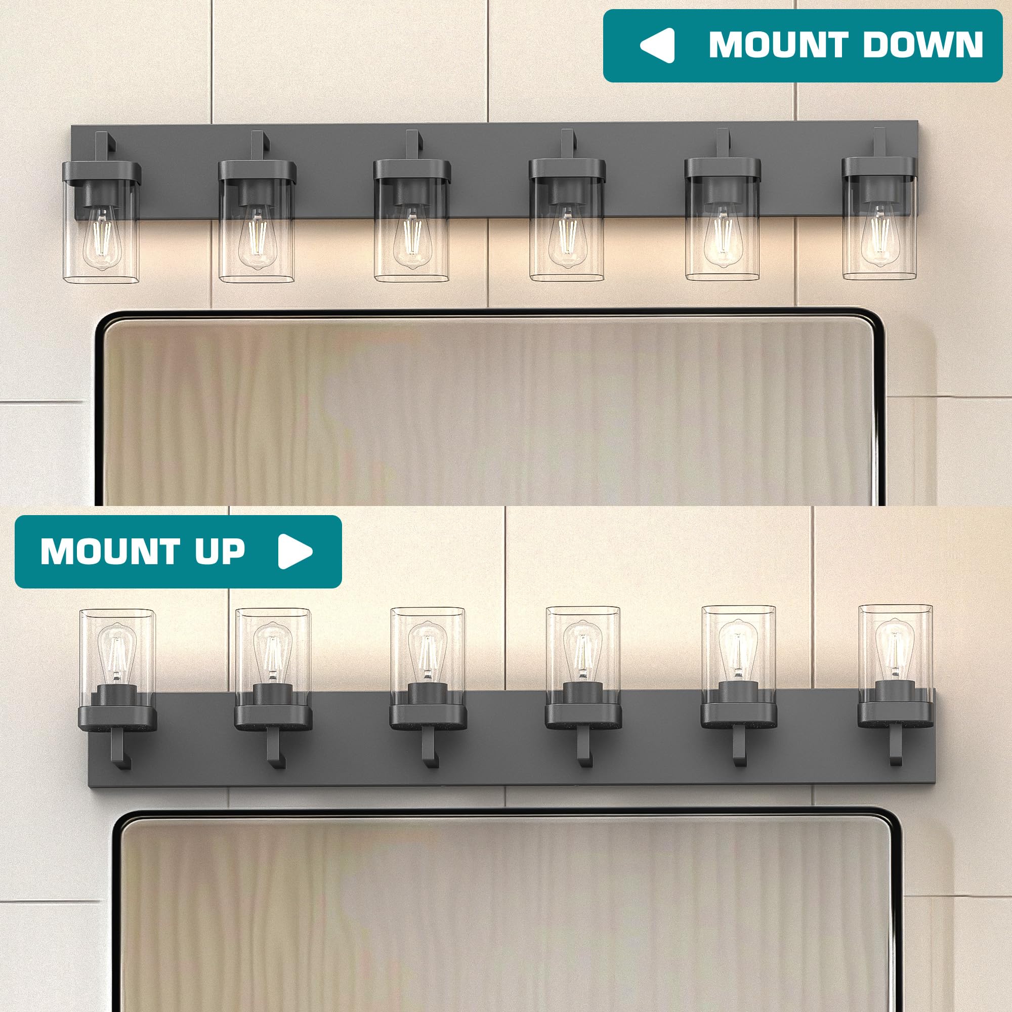 Danshinro Bathroom Vanity Light, 6-Light Square Design, Metal, Black, Model L23-6-BK