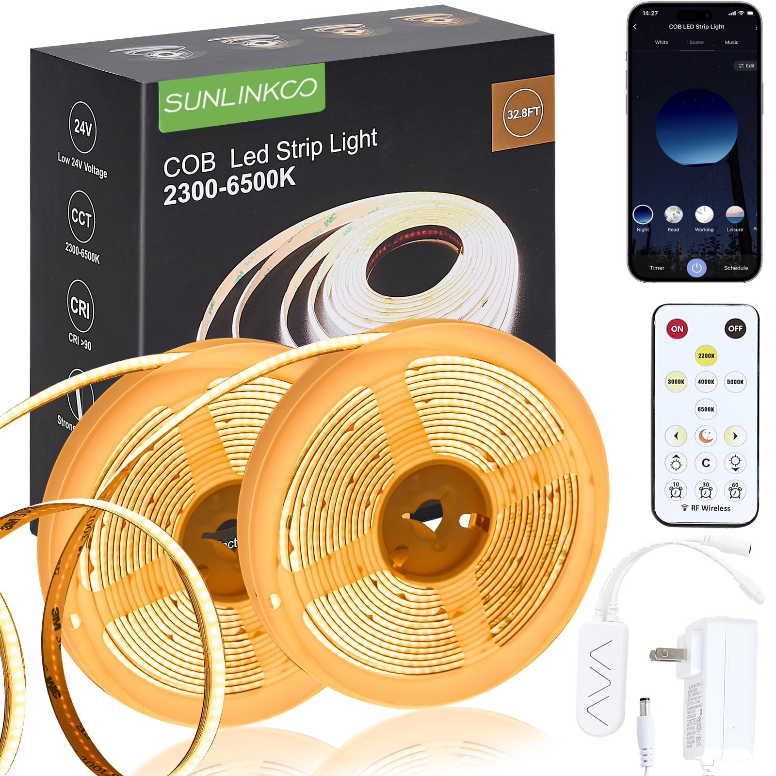 SUNLINKCO COB LED Strip Light, Dimmable 2300K-6500K, 32.8ft, Polycarbonate, Model PAK544599, APP Remote Control, Music Mode
