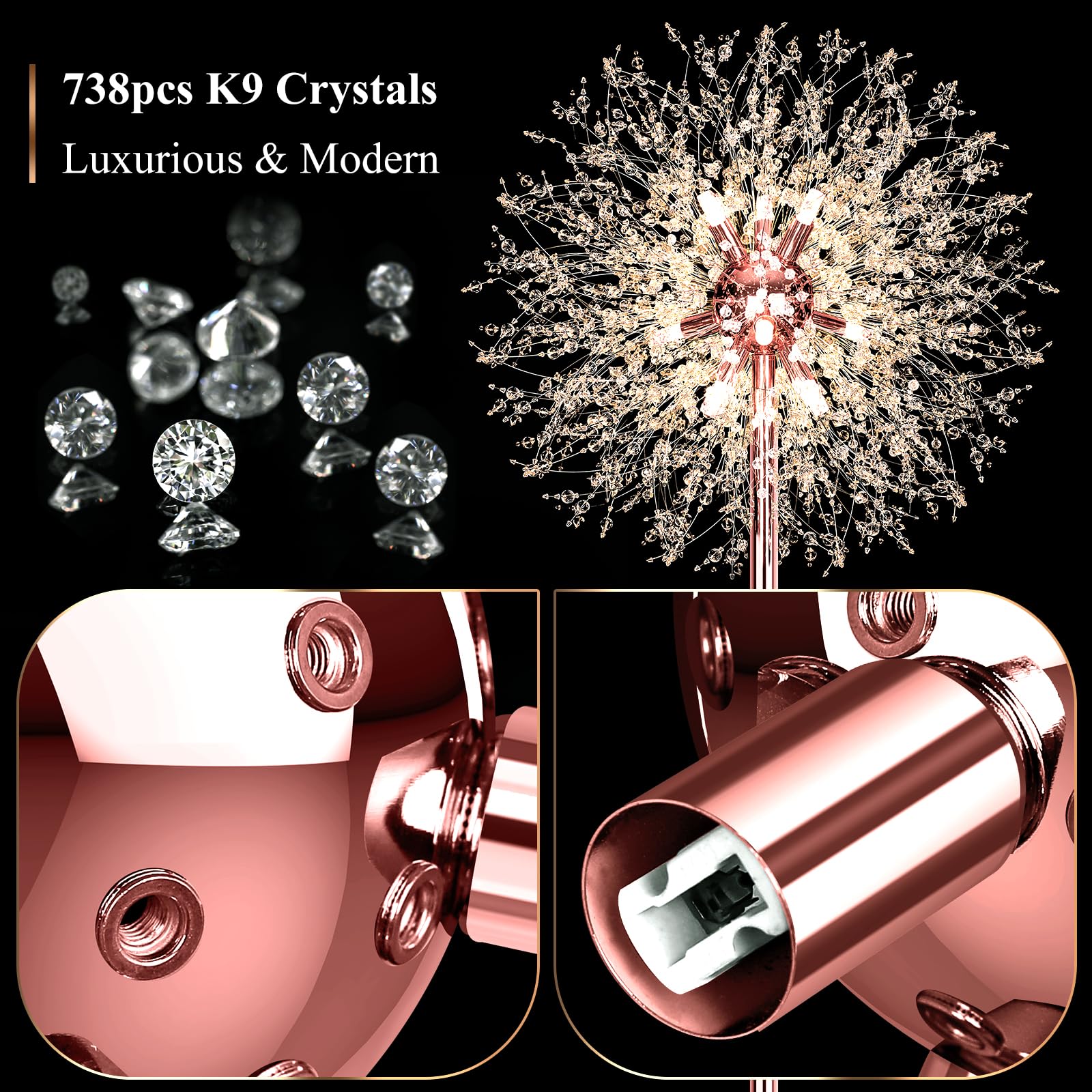 Beslowe 69 Crystal Floor Lamp For Living Room  Modern Standing Lamp With 738Pcs K9 Crystals  Tall Lamp Pole Light For Bedroom Office  Mid Century Floor Lighting With 9 Led Bulbs  Rose Gold