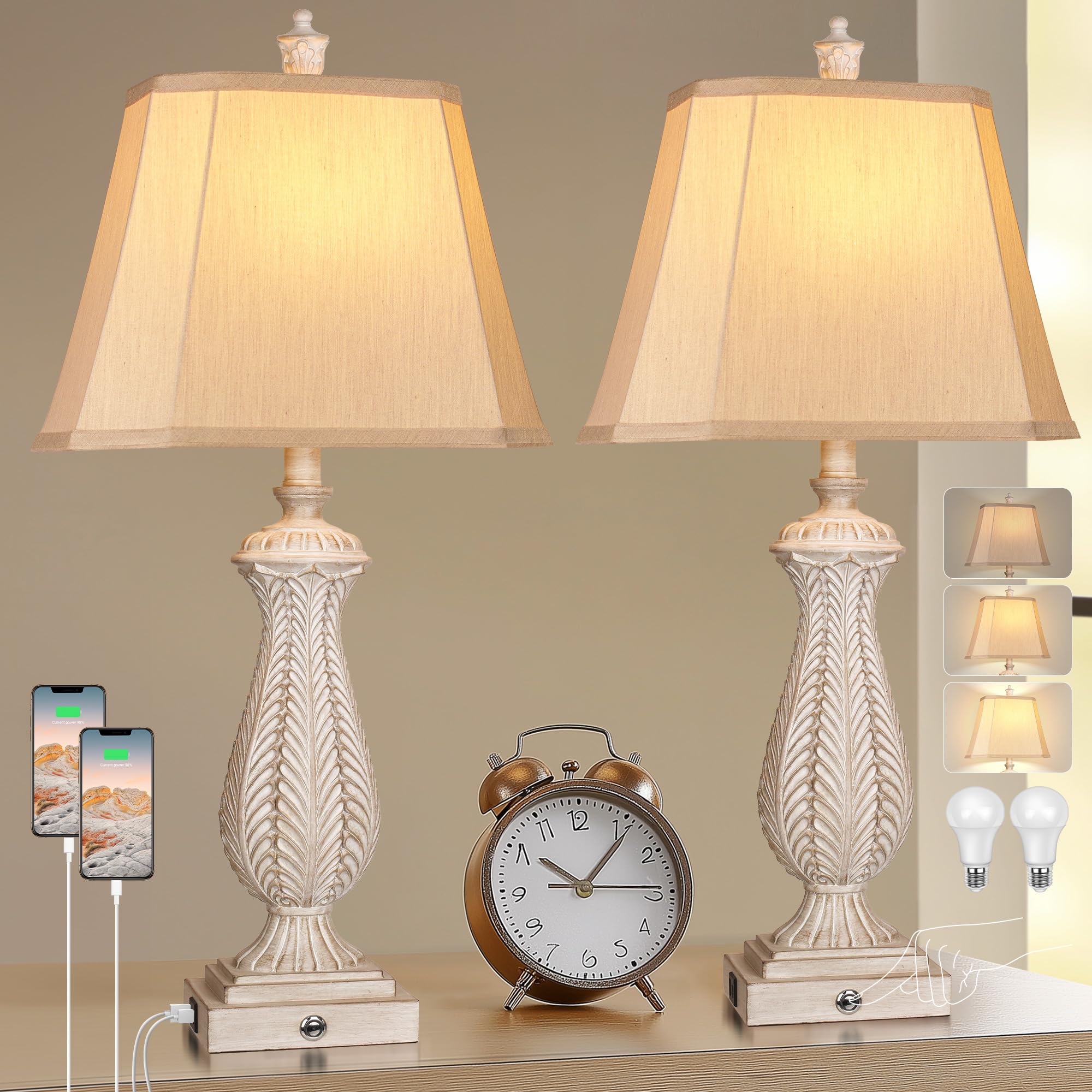 WIHTU 3-Way Dimmable Table Lamps Set of 2, Light Wood Resin, 30in H with USB & Type-C Ports, Model STR-DL-0042
