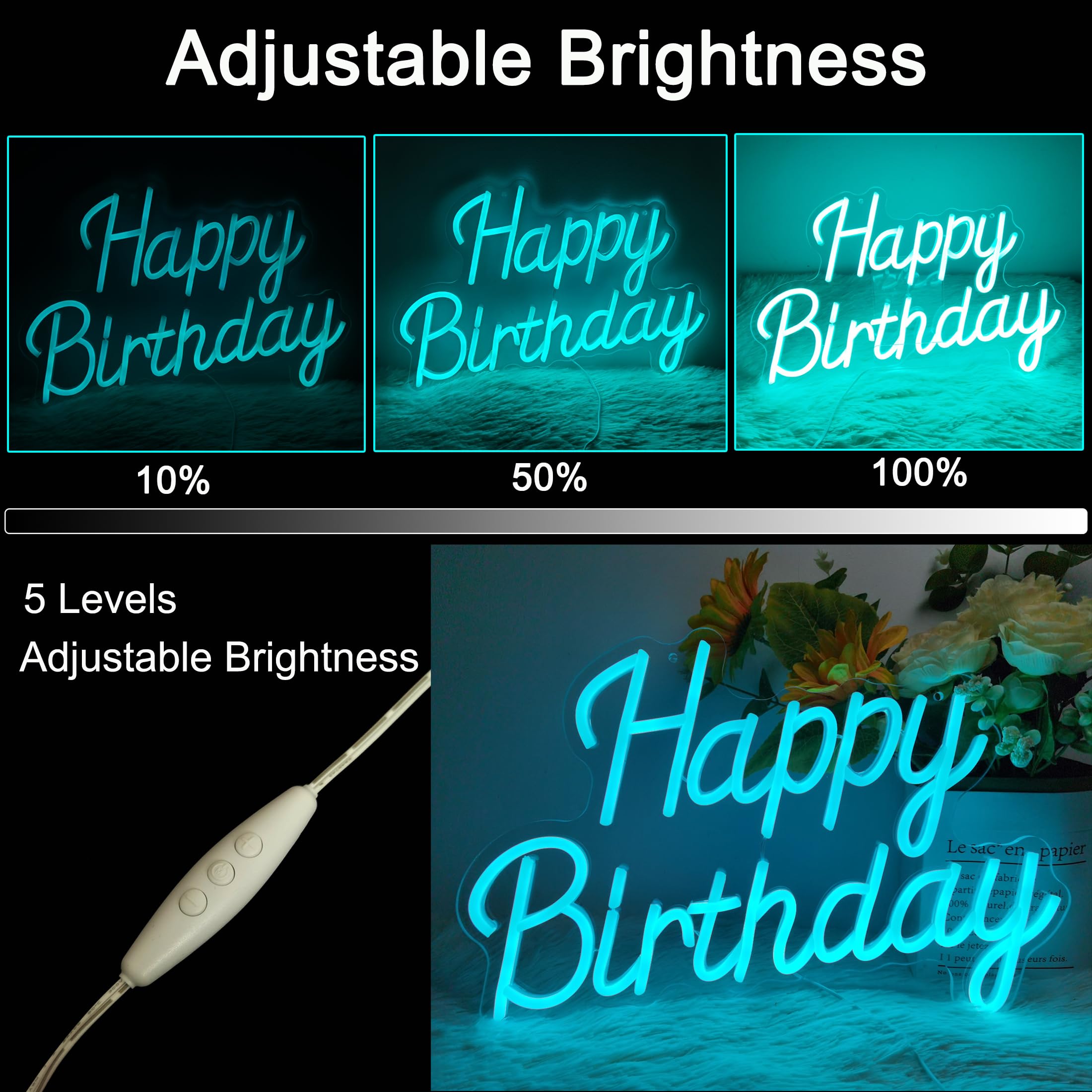 EMANNON Neon Happy Birthday Sign - Dimmable LED Light, Ice Blue, 17x12 Inch Acrylic for Party Decoration