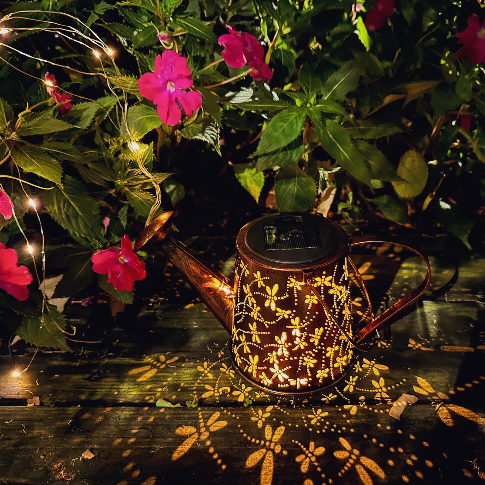 DIBIEECN Solar Watering Can Light, Dragonfly Design, Waterproof Metal Lantern, 32in Shepherd Hook, Outdoor Garden Decor