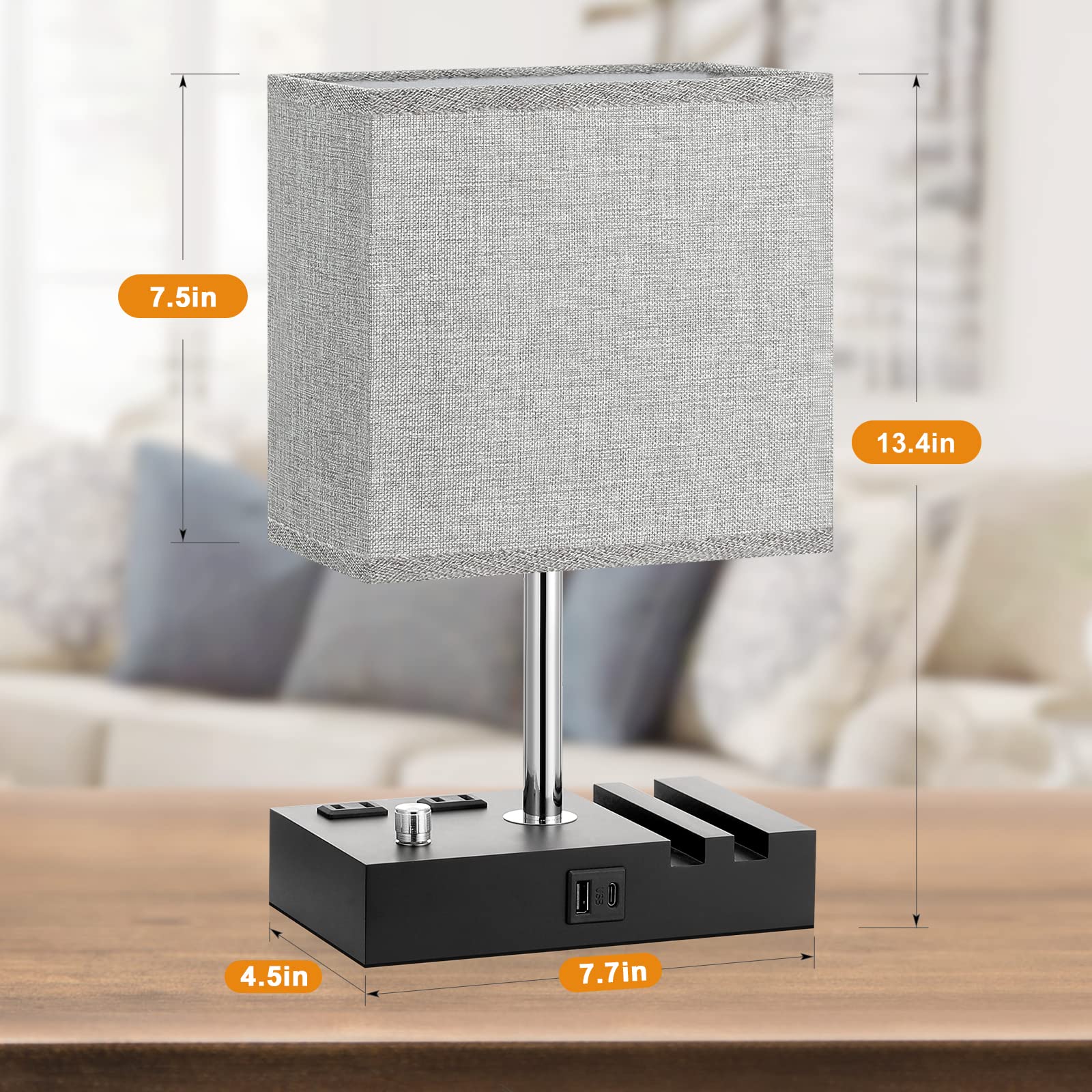 Kakanuo Bedside Lamps Set Of 2, Fully Dimmable Grey Wooden Table Lamps With Usb C Ports And Phone Stand, Bulb Included