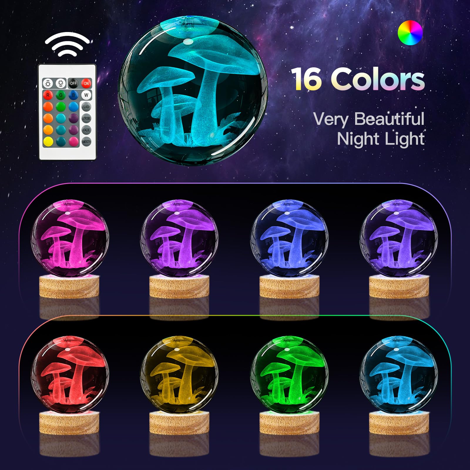 Yylzephb 3D Mushroom Crystal Ball Night Light With Woodern Base, Mushroom Glass Ball Lamp With 16 Colors And Remote Control Cool
