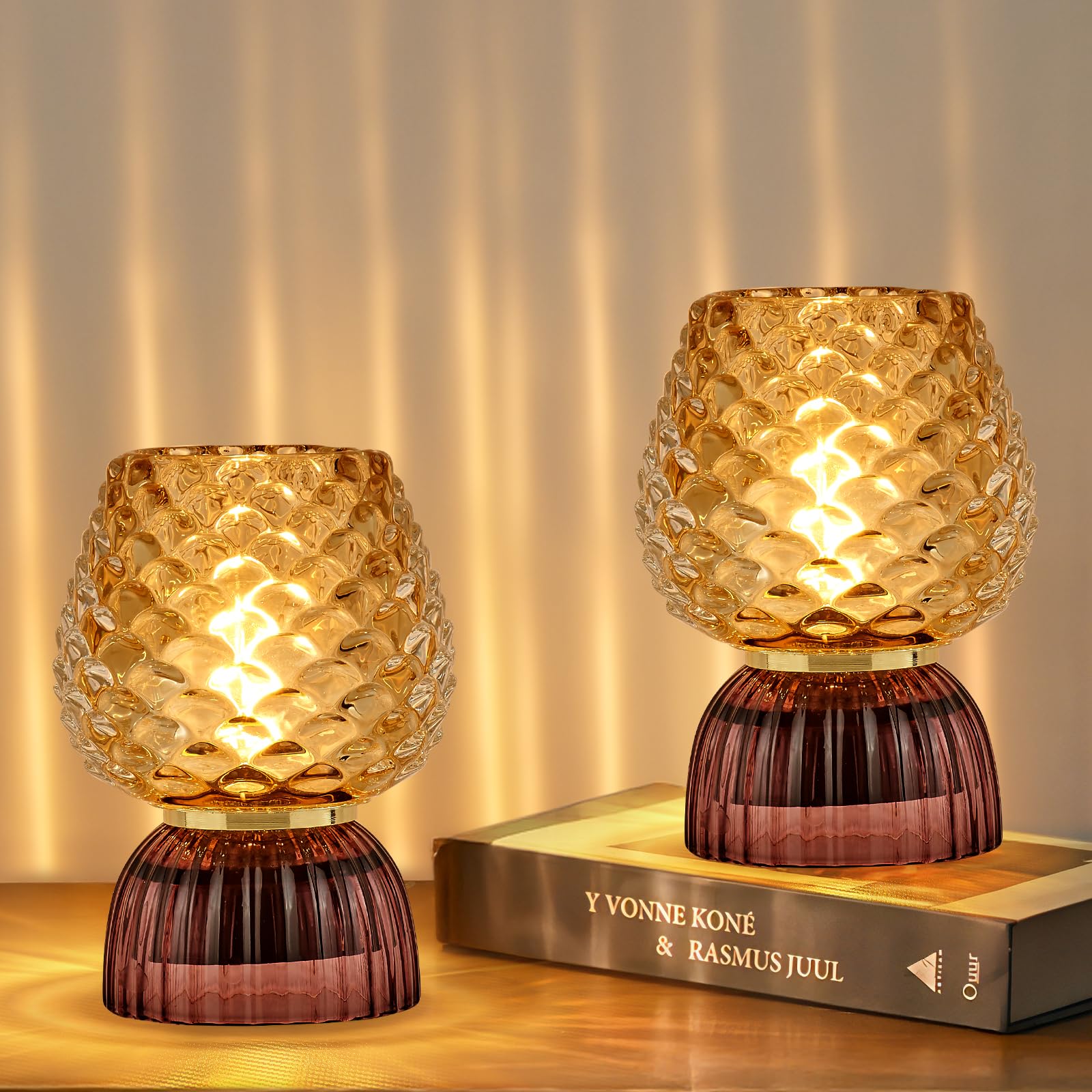 SisiHokai Battery Operated Lamp with Timer  Cute Small Cordless Glass Table Lamp for Home Decor  Kitchen  Bathroom  Birthday Gift for Women  Pinecone  Amber  2 Pack