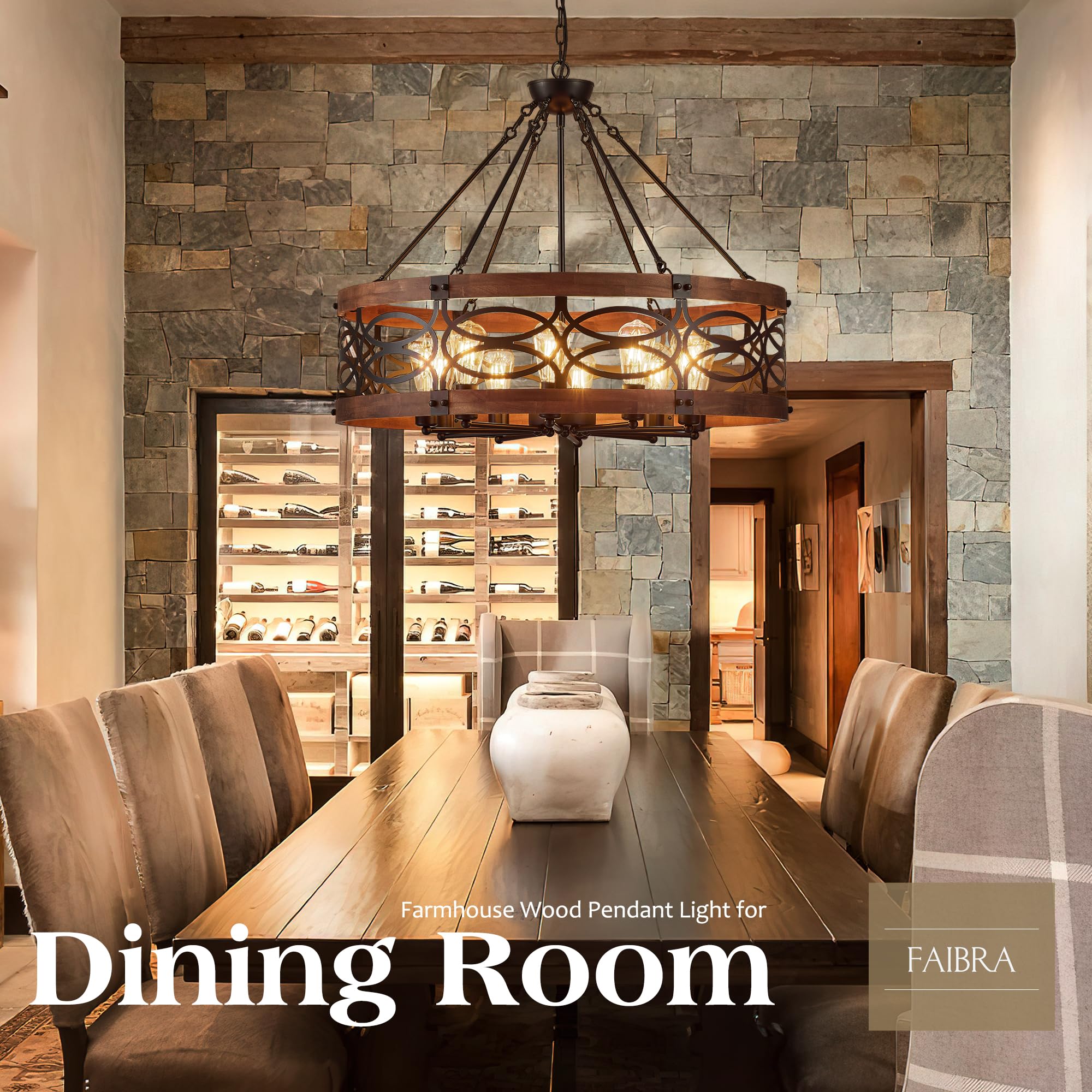 Faibra 10-Light Farmhouse Drum Pendant Light, Vintage Rustic Brown Oak, 32.24in Chandelier for Dining Room, Entryway, Bedroom