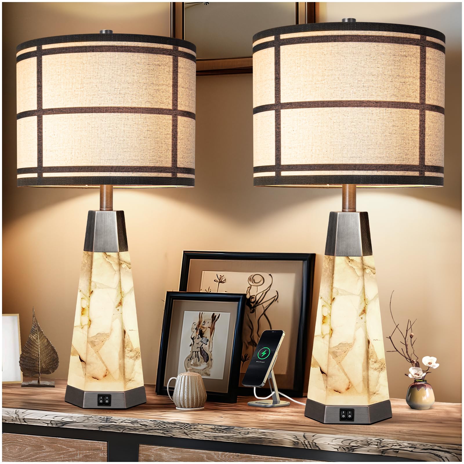 Kivditzo Natural Alabaster Table Lamps Set Of 2 With Usb Ports, Bulbs Included, Bronze