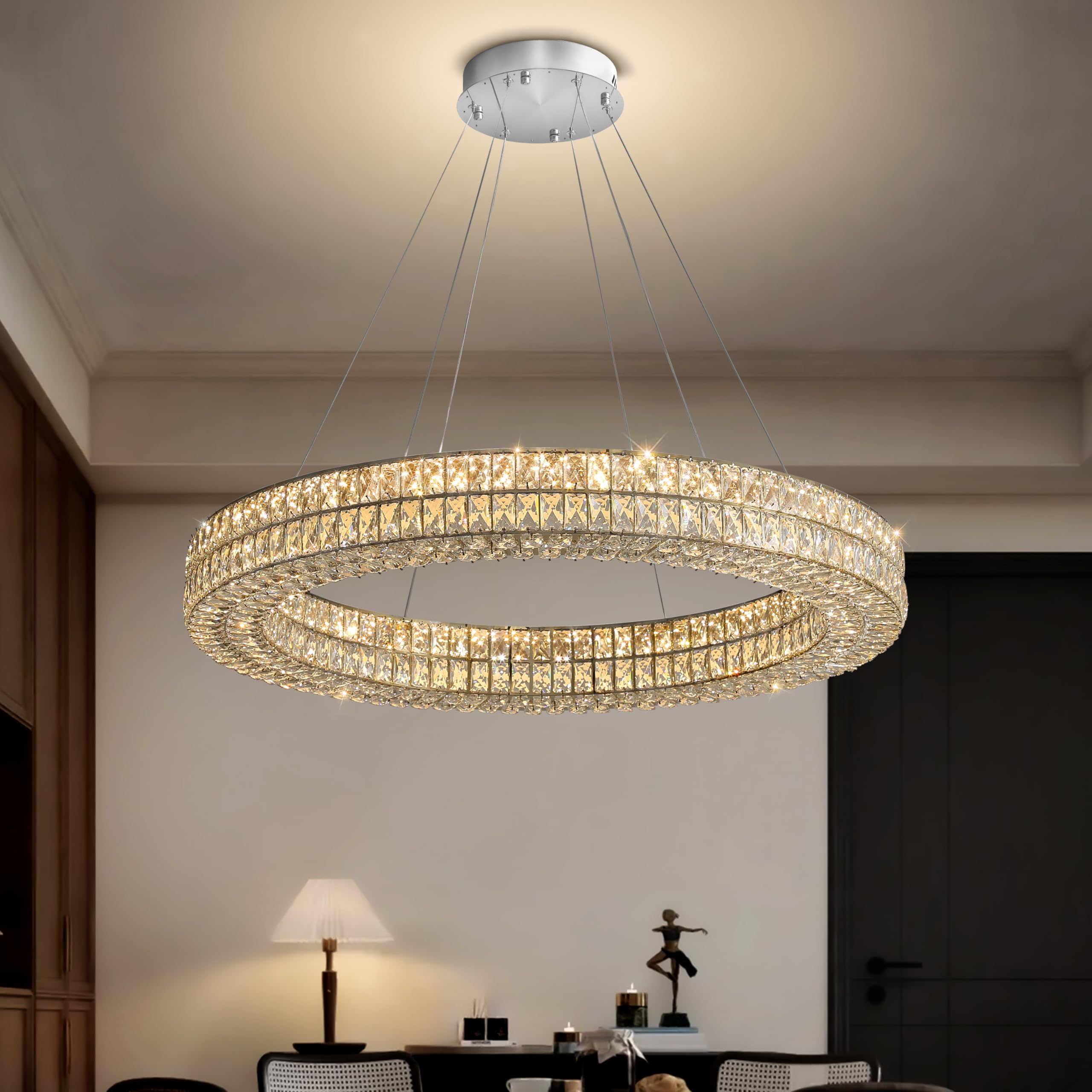 Idequy Modern Luxury Crystal Chandelier For Dining Room 32'' Led Ring Pendant Light Adjustable Dimmable 2700K-6000K
