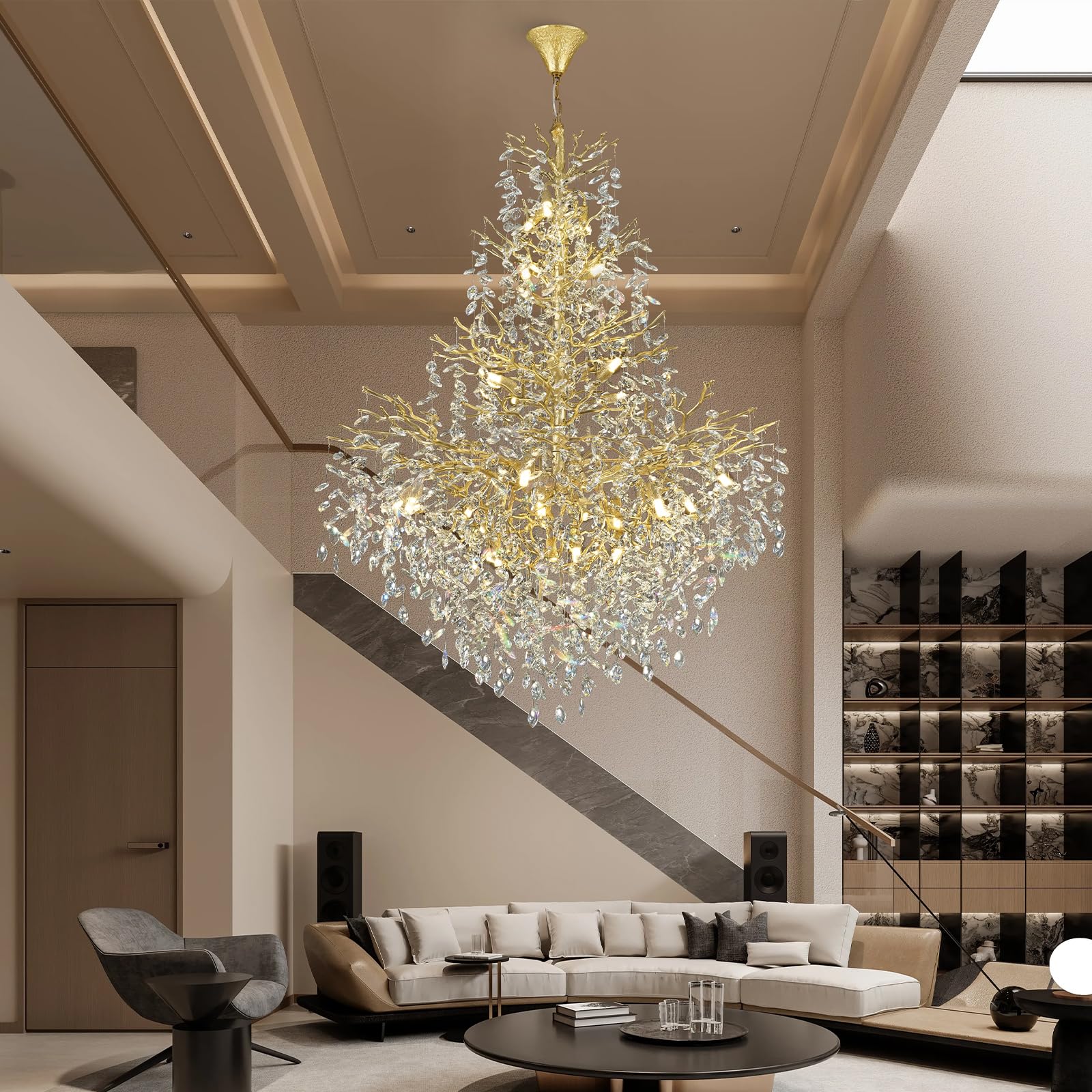 Kvtinmty H65'' Gold Tree Branch Crystal High Ceilings Chandeliers, Modern Crystal Staircase Chandelier, D48'' Foyer Chandelier F