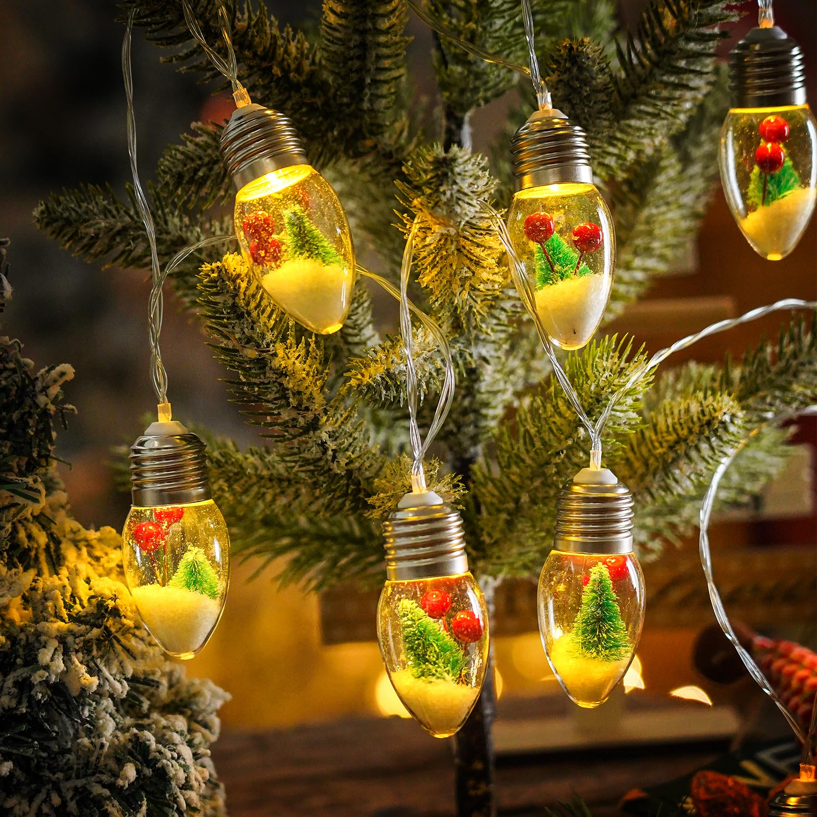 HFXXAD Christmas Snow Globe String Lights Indoor Decorations  10 LED Clear Bulbs String Lights with Christmas Tree & Berry for Home Bedroom Fireplace Xmas Lights(6.6FT)