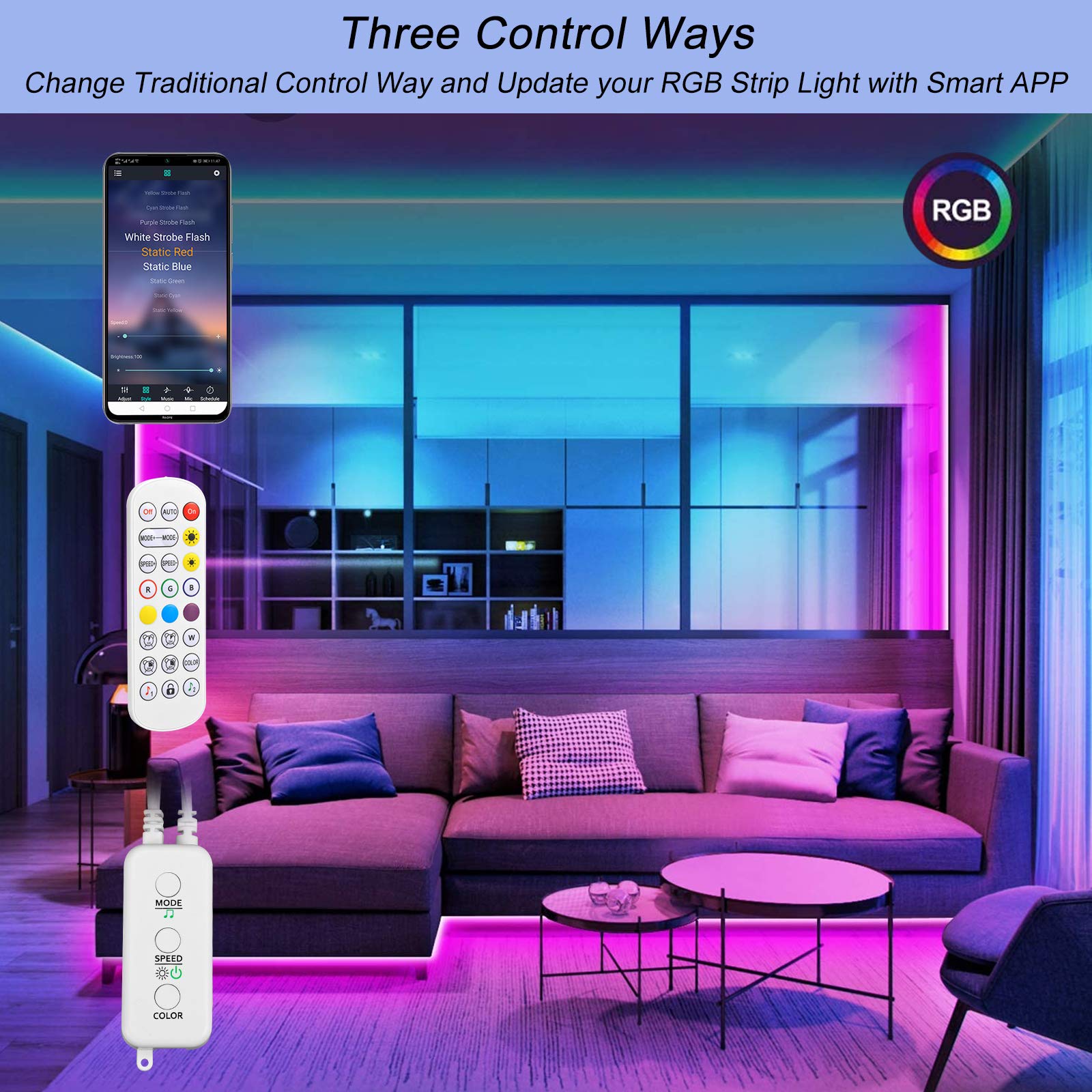 Sunity Led Controller - Bluetooth, Music Sync, Ir Remote For 10Mm Led Strip Lights, White, Model Ledcontroller1