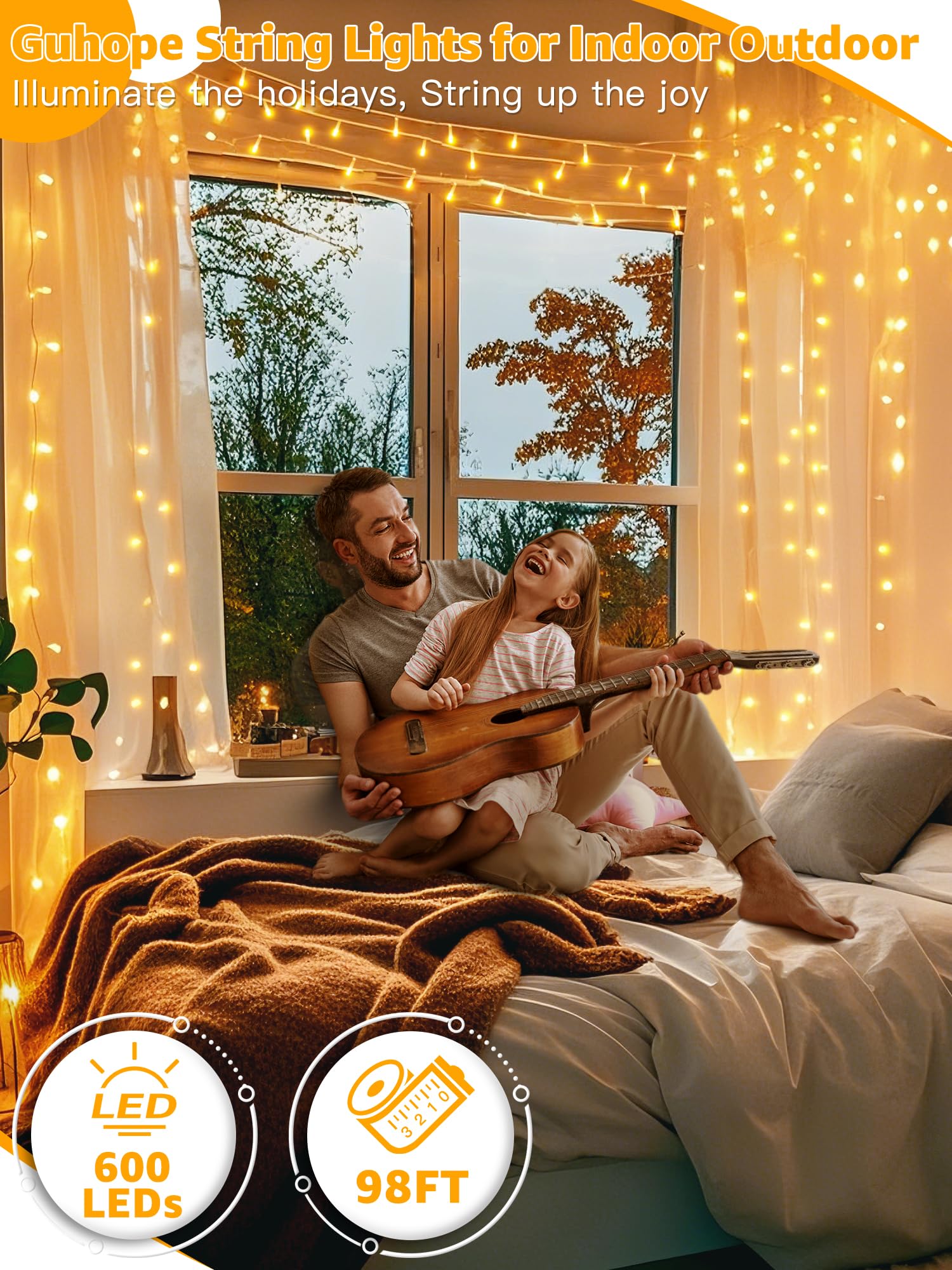 Guhope Outdoor String Lights 600Led 98Ft, Waterproof String Lights With Remote And Timer, 8 Modes Dimmable Fairy Lights For Indo