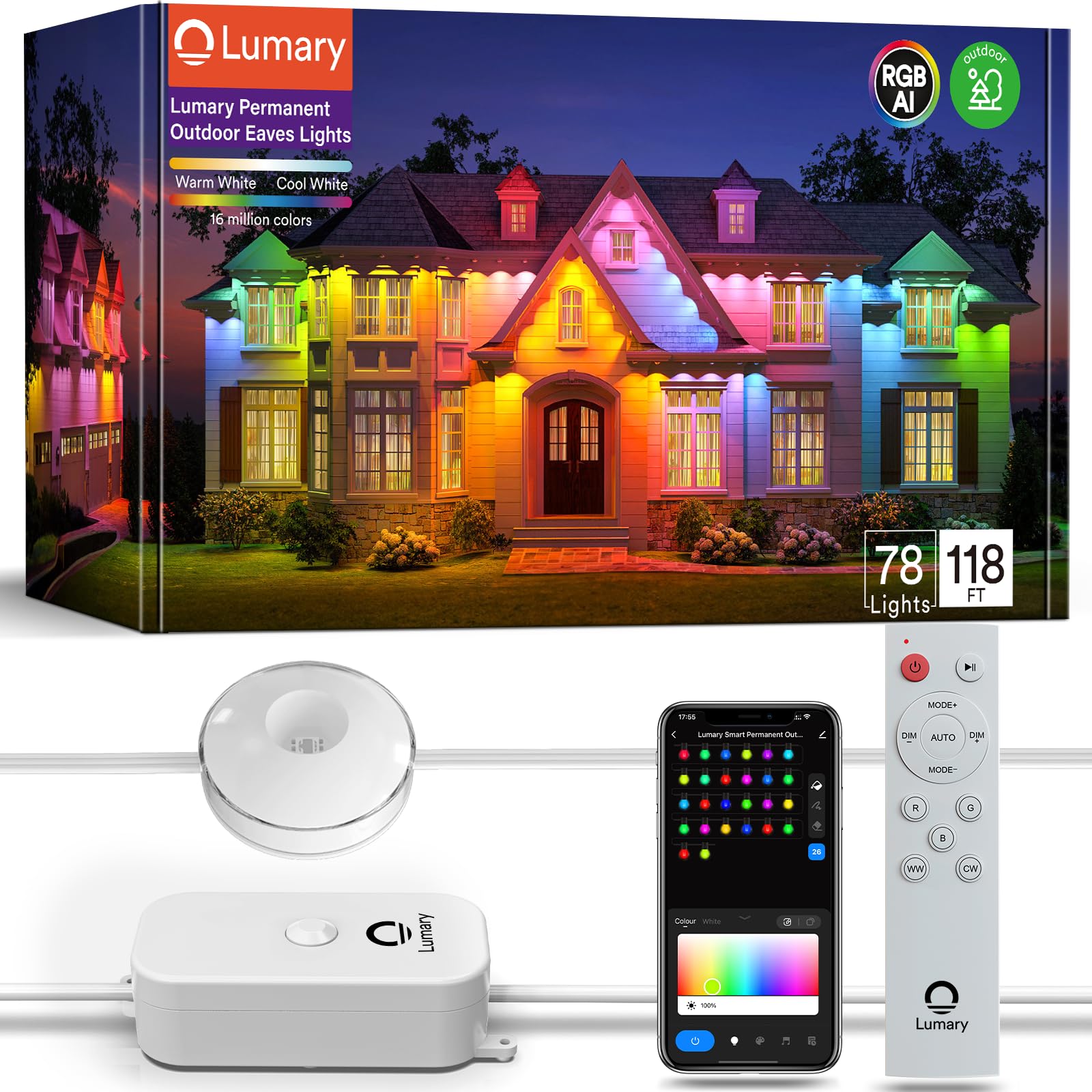 Lumary Permanent Outdoor Lights 100ft with 78 LED Lights, RGBAIWW Smart Eaves Lights IP65 Waterproof, Year-Round Outdoor Lightin