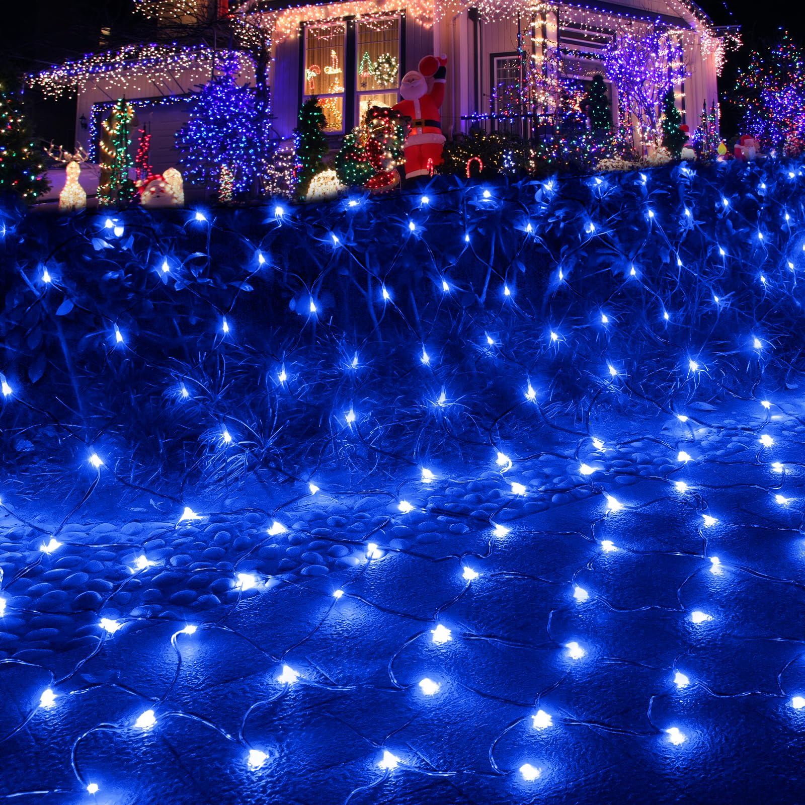 Pooqla Net Lights, 300 LED Christmas Outdoor Mesh Light, 14.8x4.9 ft, Green Wire, Waterproof, Blue