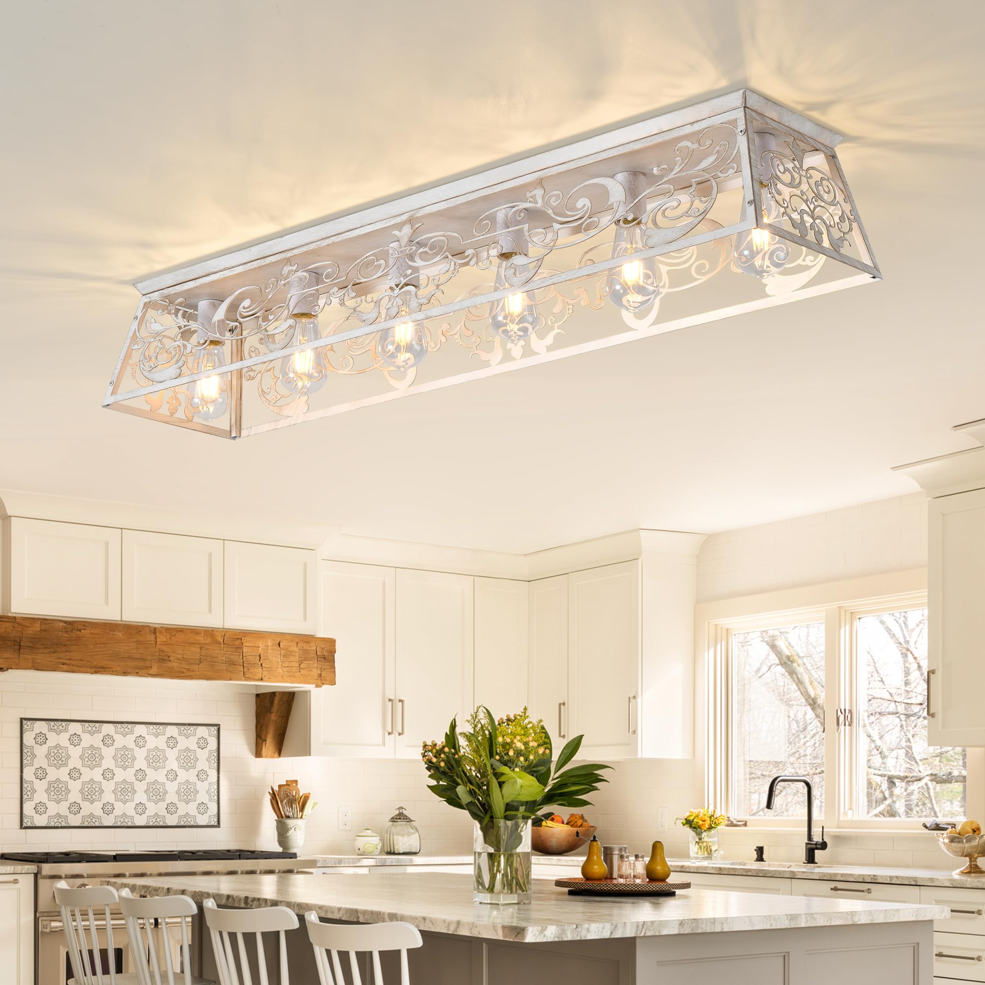 Garwarm 45.27 Modern Ceiling Light 6 Lights Dining Room Light Fixture Modern Rectangle Chandelier  Kitchen Lighting Fixtures Ceiling Mount for Living Room Kitchen Island Bar