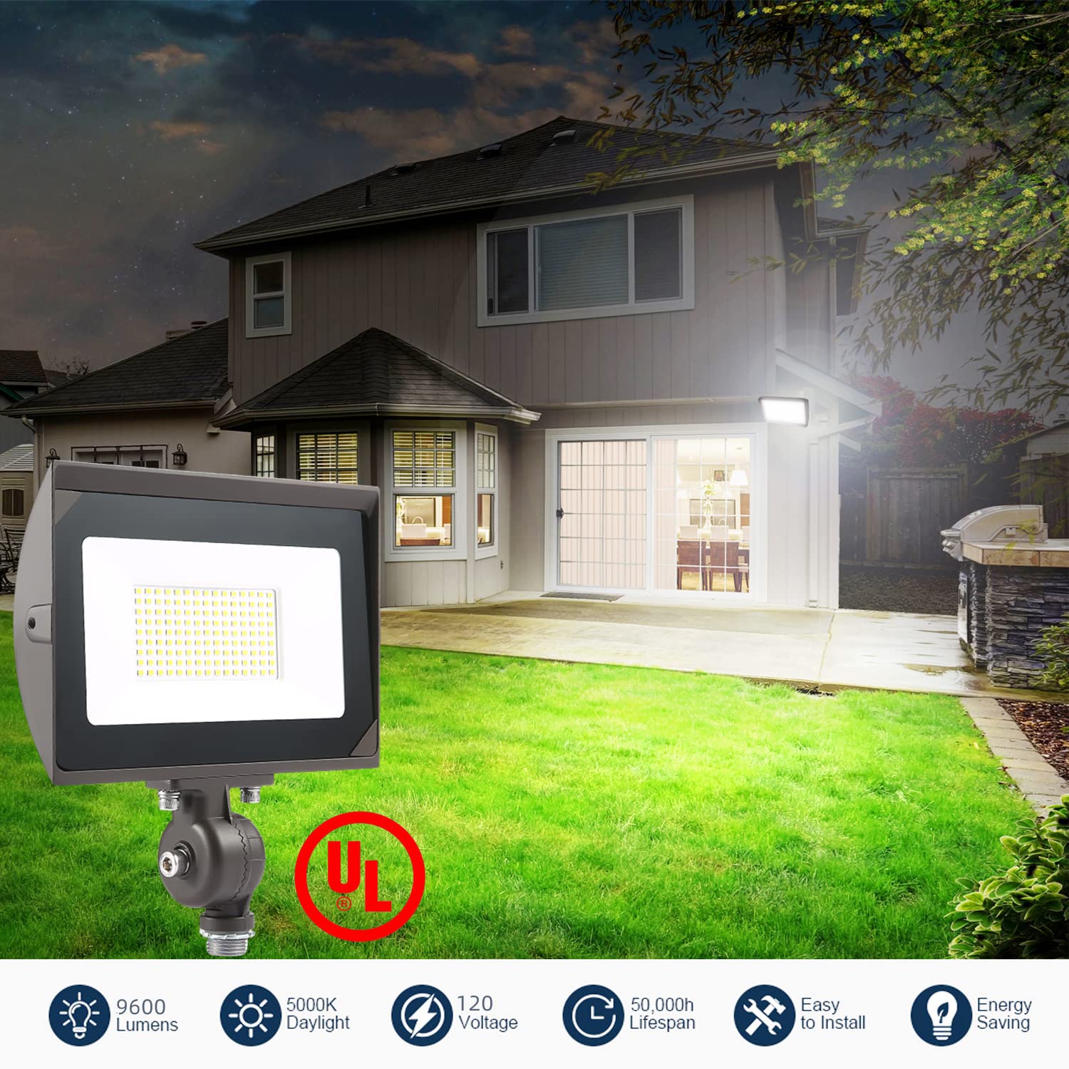 Eccfutll 80W Outdoor Led Flood Light With 1/2" Knuckle Mount (Plate Included), 5000K Daylight 9600Lm 120V, Ul Waterproof Led Security Flood Lighting
