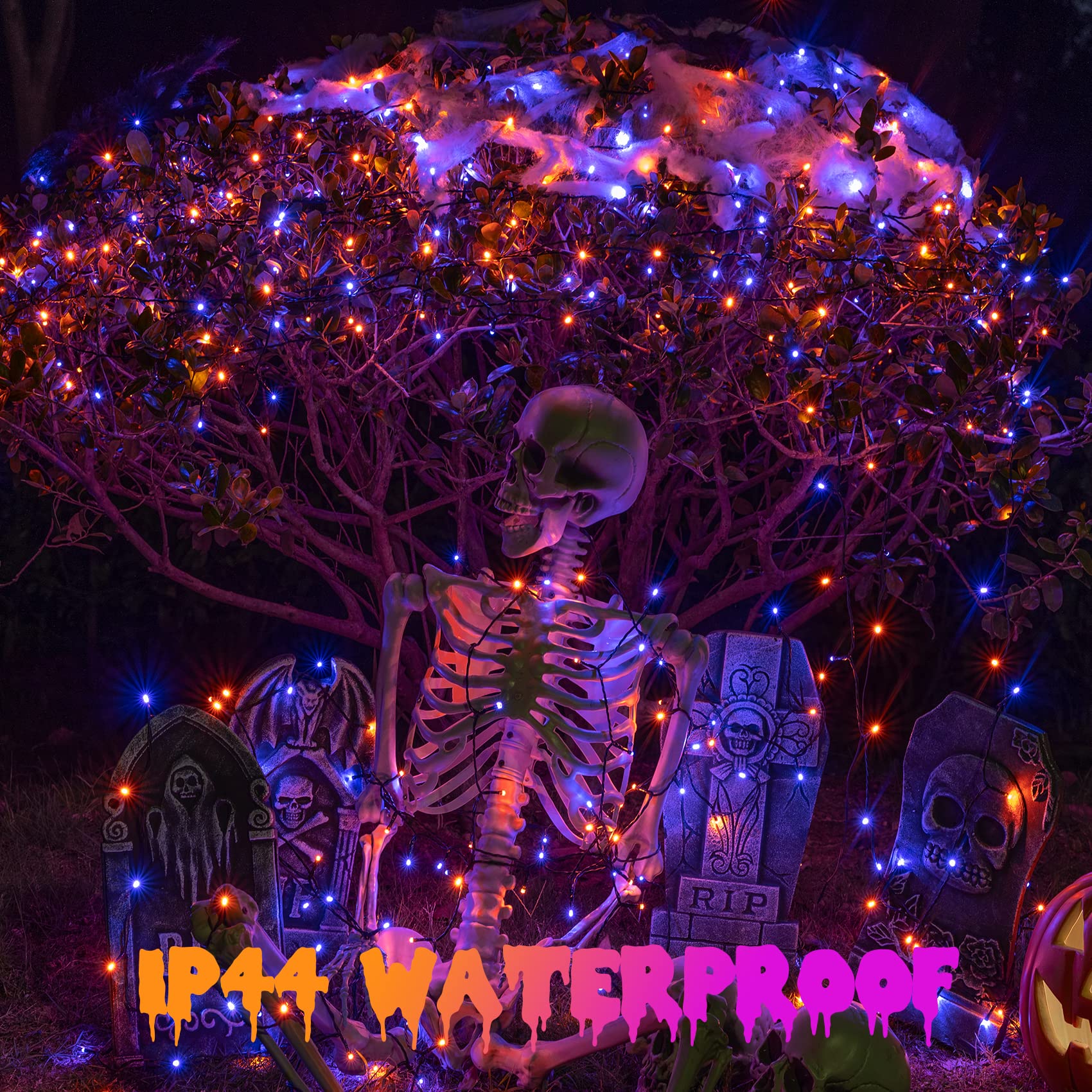 Rotu Halloween String Lights Outdoor With Music Sync Spooky Sounds 300 Led 114.8 Ft Indoor Fairy String Lights Waterproof For Halloween Party Haunted House Decorations (Purple & Orange)