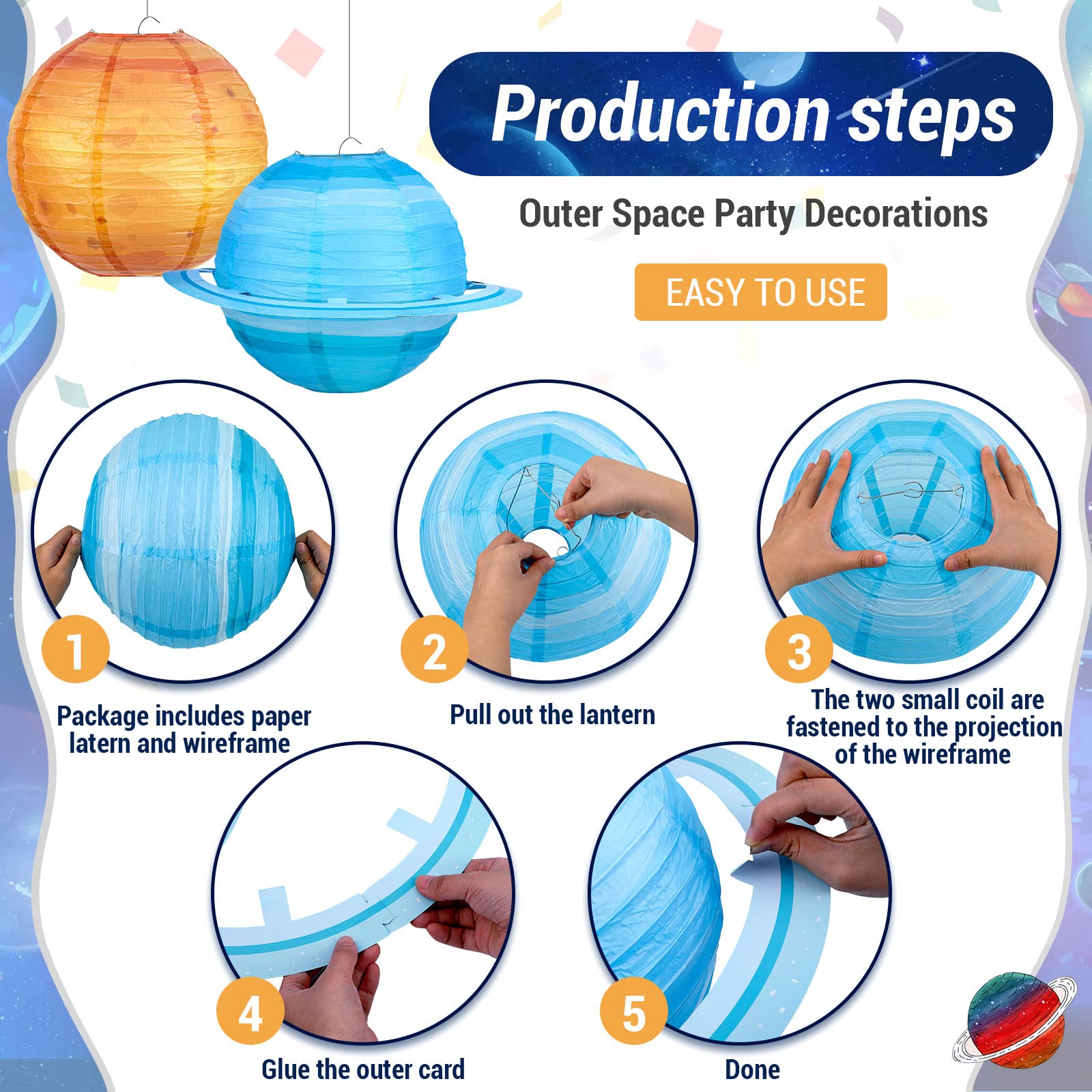 Hortsun 8 Pack Planet Paper Lanterns - Colorful Hanging Space Decorations For Birthday Parties