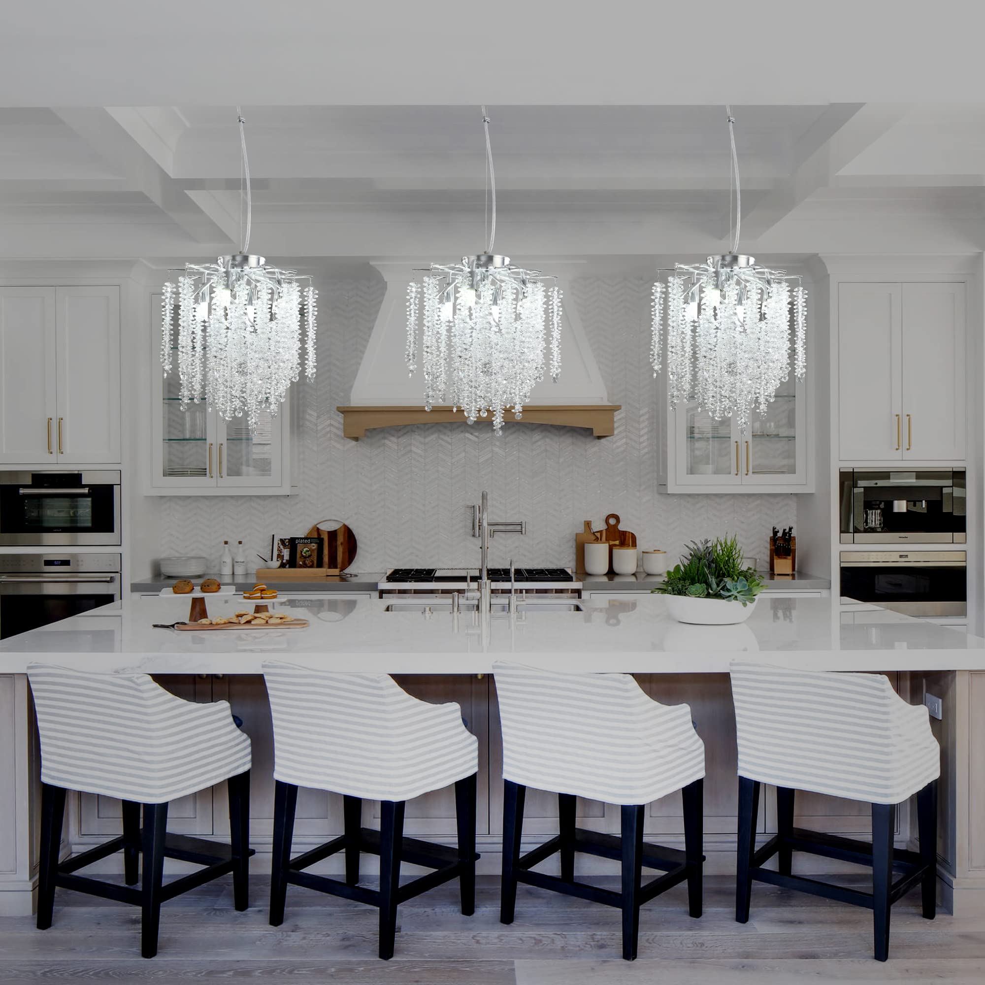 Upfelw Modern Crystal Branch Chandelier D12, Silver Luxury Round Tree Branch Raindrop Pendant Light Fixture 5 Lights For Kitchen