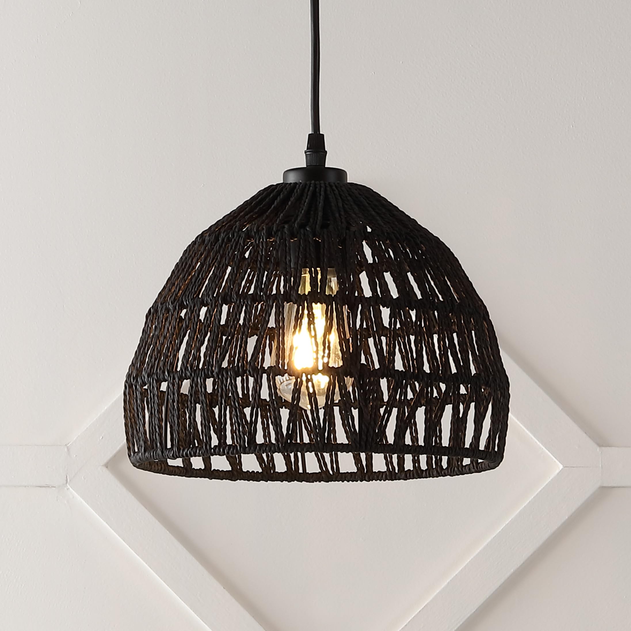 JONATHAN Y 1-Light LED Pendant, Bohemian Modern, Woven Rope/Iron, 10.25in, Black, Model JYL6513B
