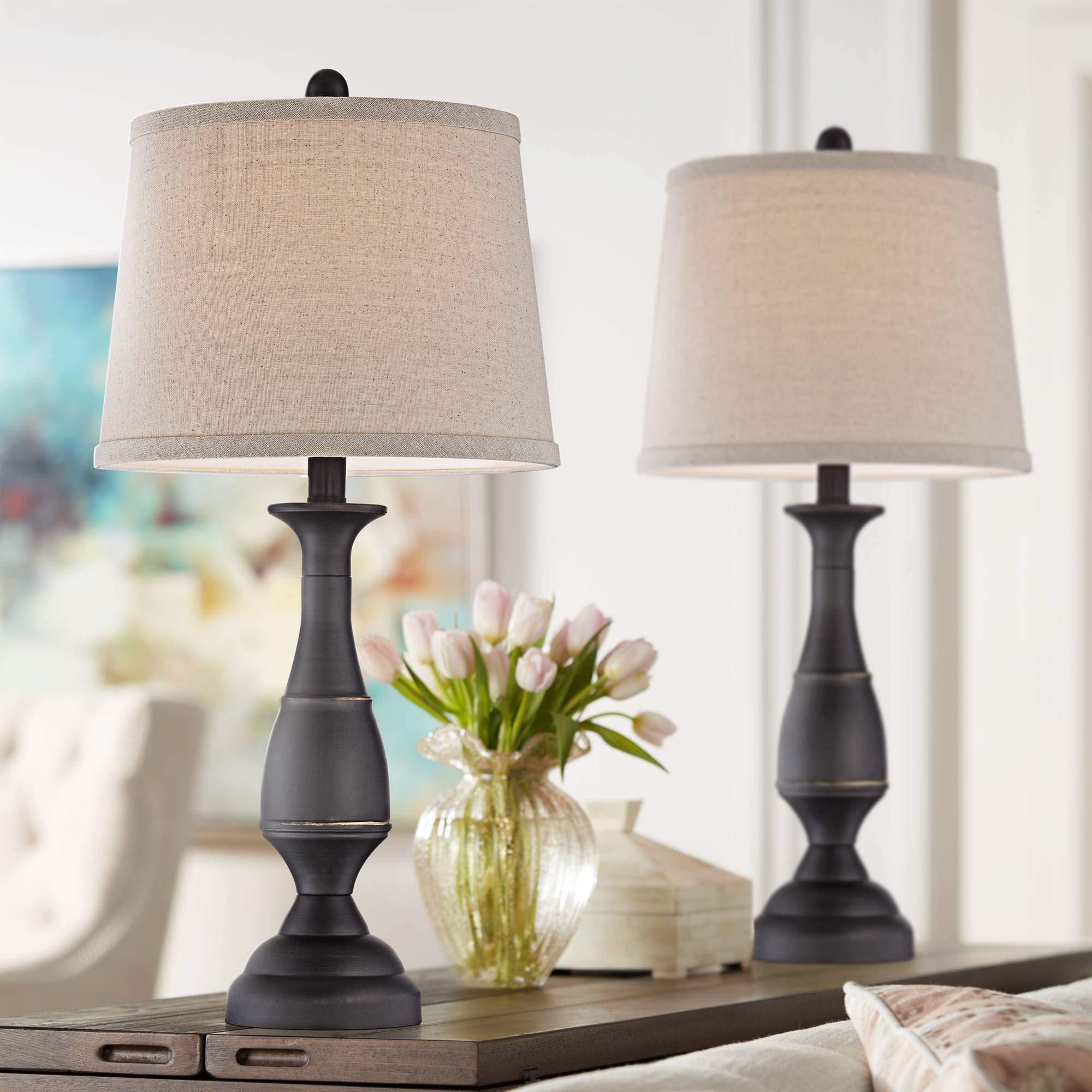 Regency Hill Table Lamps Set of 2, 25" High, Dark Bronze Metal with Beige Linen Drum Shade for Living Room, Bedroom, Home Office