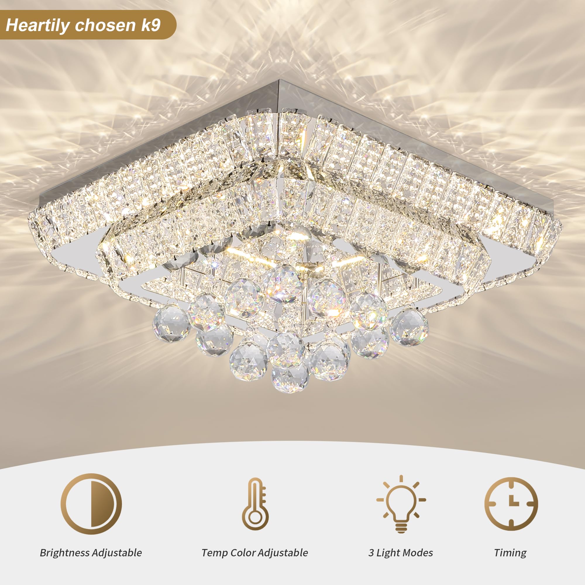 REDSTAR 18" Crystal Ceiling Light Flush Mount, Remote Control, Adjustable Brightness, Silver Stainless Steel, Model A228-18in-1