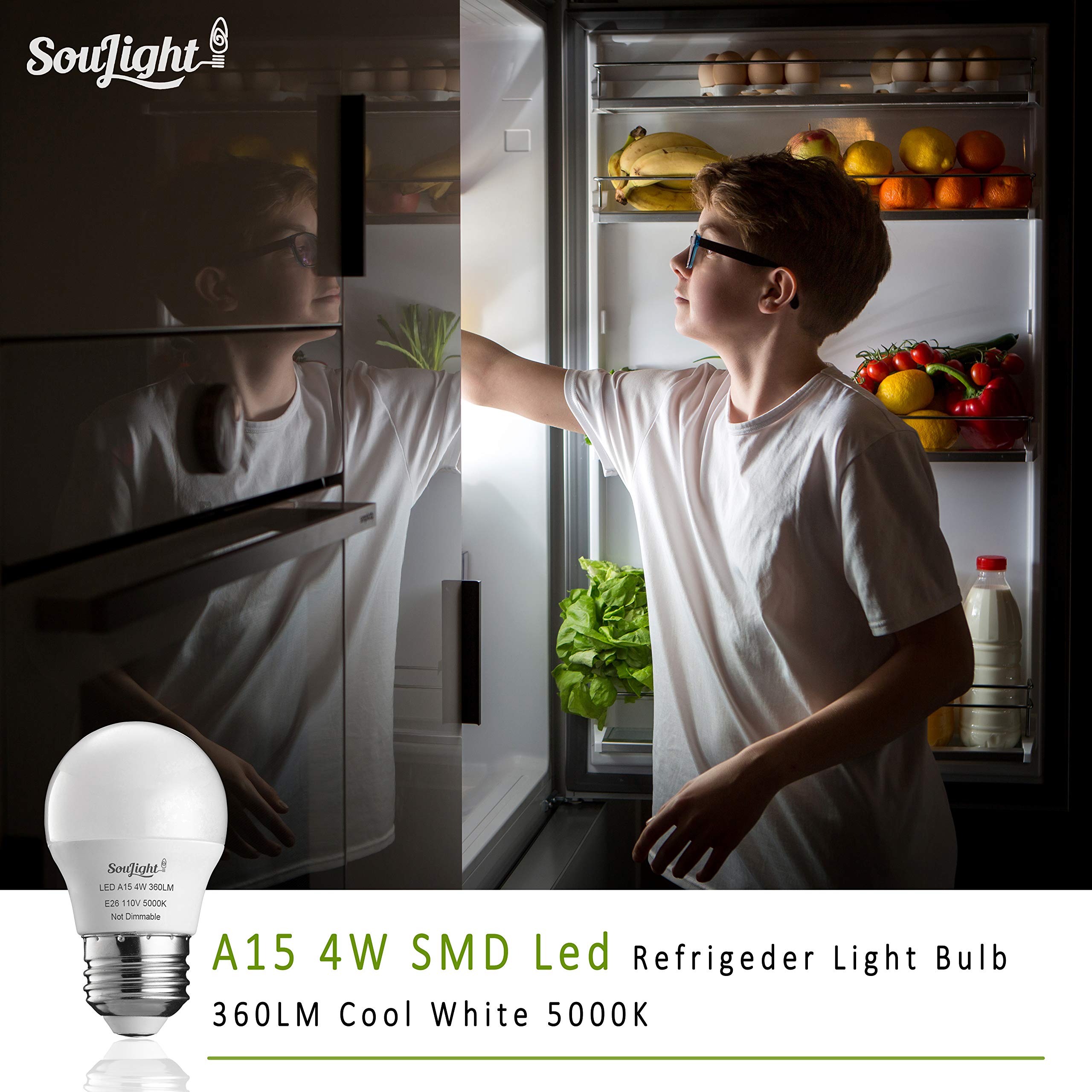 SouLight Refrigerator Light Bulb LED - 4W Equivalent, Waterproof E26 Base, 5000K Daylight White, 360 Lumen - 2 Pack