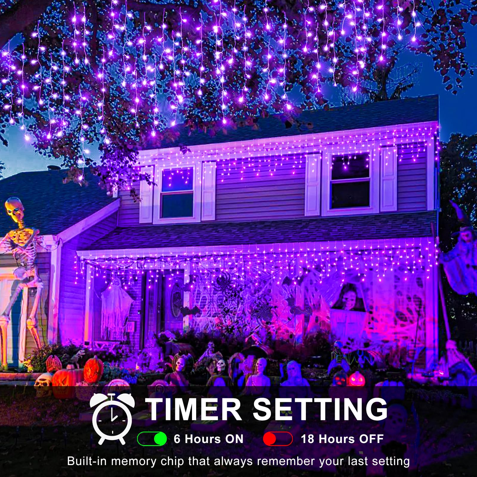 XmasBokeh 640 LED Icicle Lights, 66FT Outdoor String Curtain Light, 8 Modes, Waterproof, Purple, Model BG-CL3M3-306L01