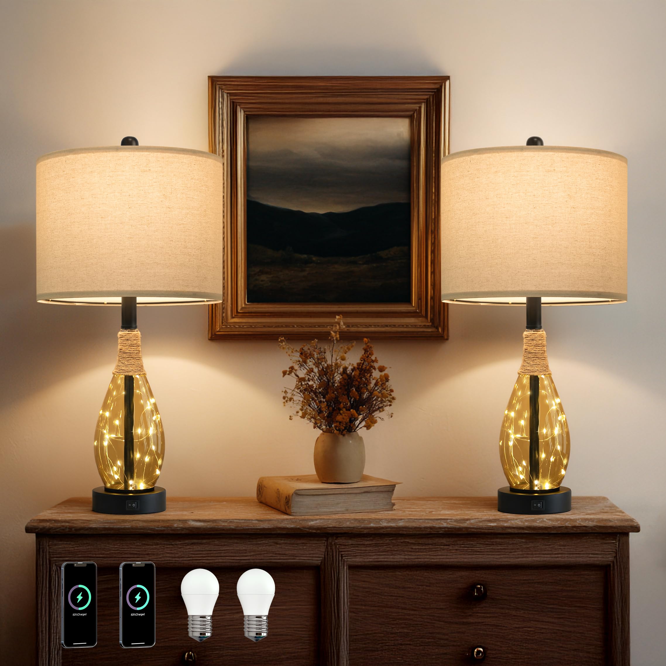 OYEARS 23 Table Lamps for Living Room Set of 2 Bedside Lamps for Night Stands Bedroom Lamps Farmhouse Rattan Boho Lamp Glass Nightlight End Table Lamp Two Light Points