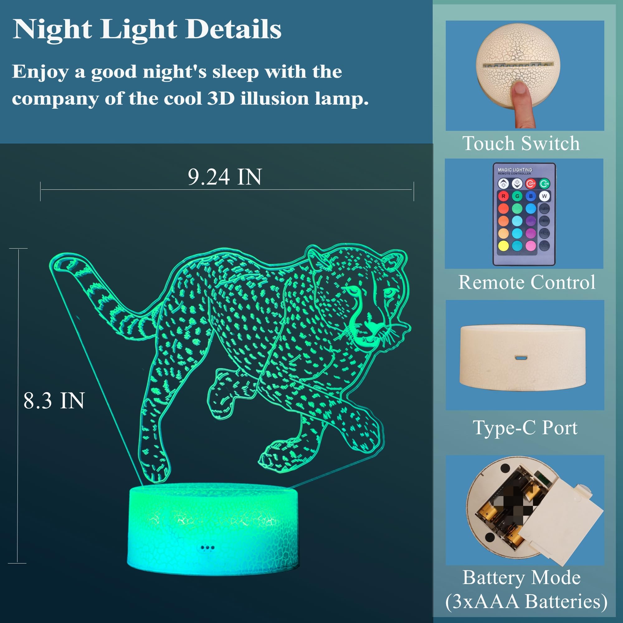 POSSHE 3D Cheetah Night Light Lamp - 16 Color Modes, Remote Control, Dimmable - Kids Room Decor - Model MY-3D LAMP-CRACK, Style