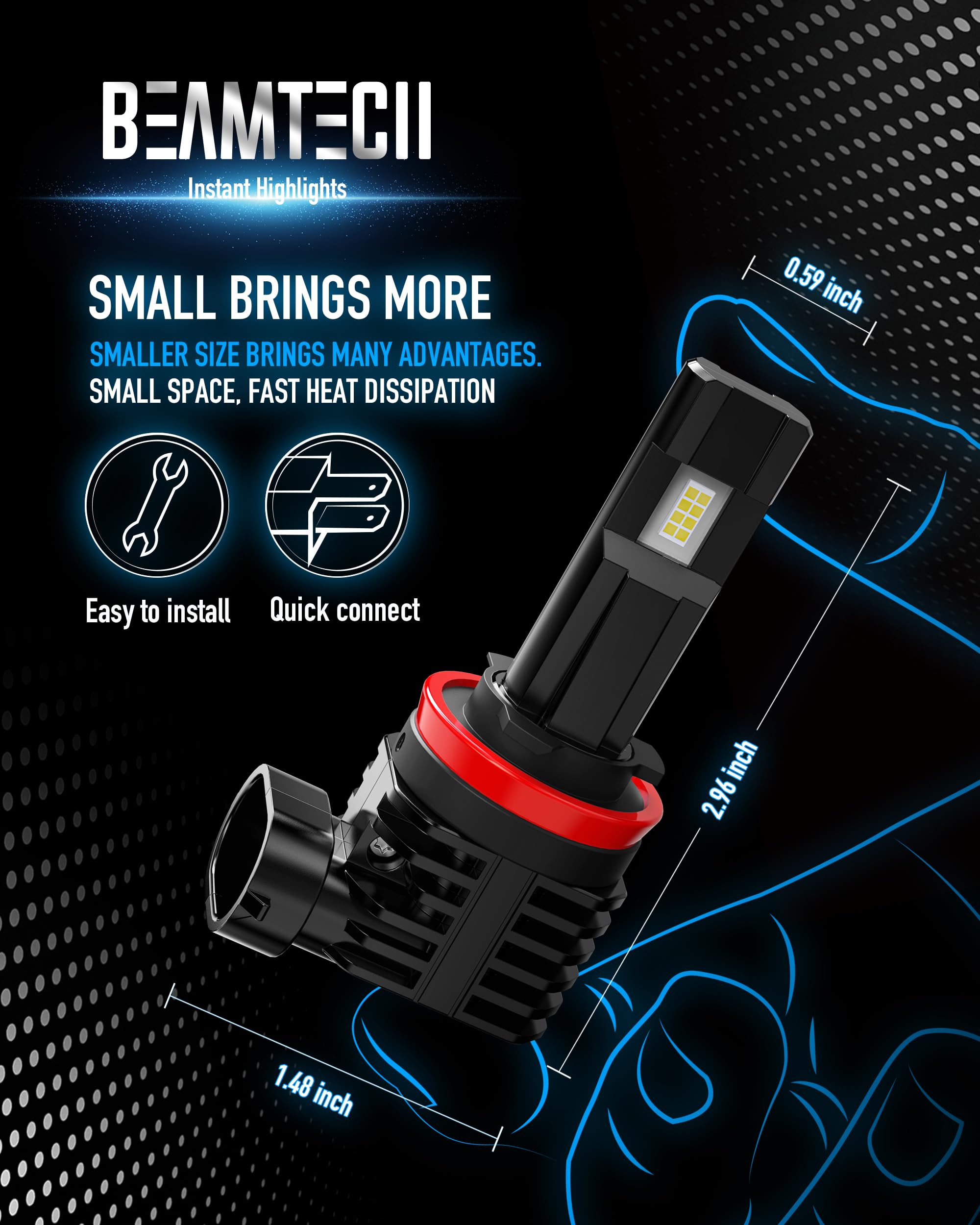 BEAMTECH H11 Bulb Pack of 2 - H8 H9 Fog Light, Fanless, 6500K, Aluminum