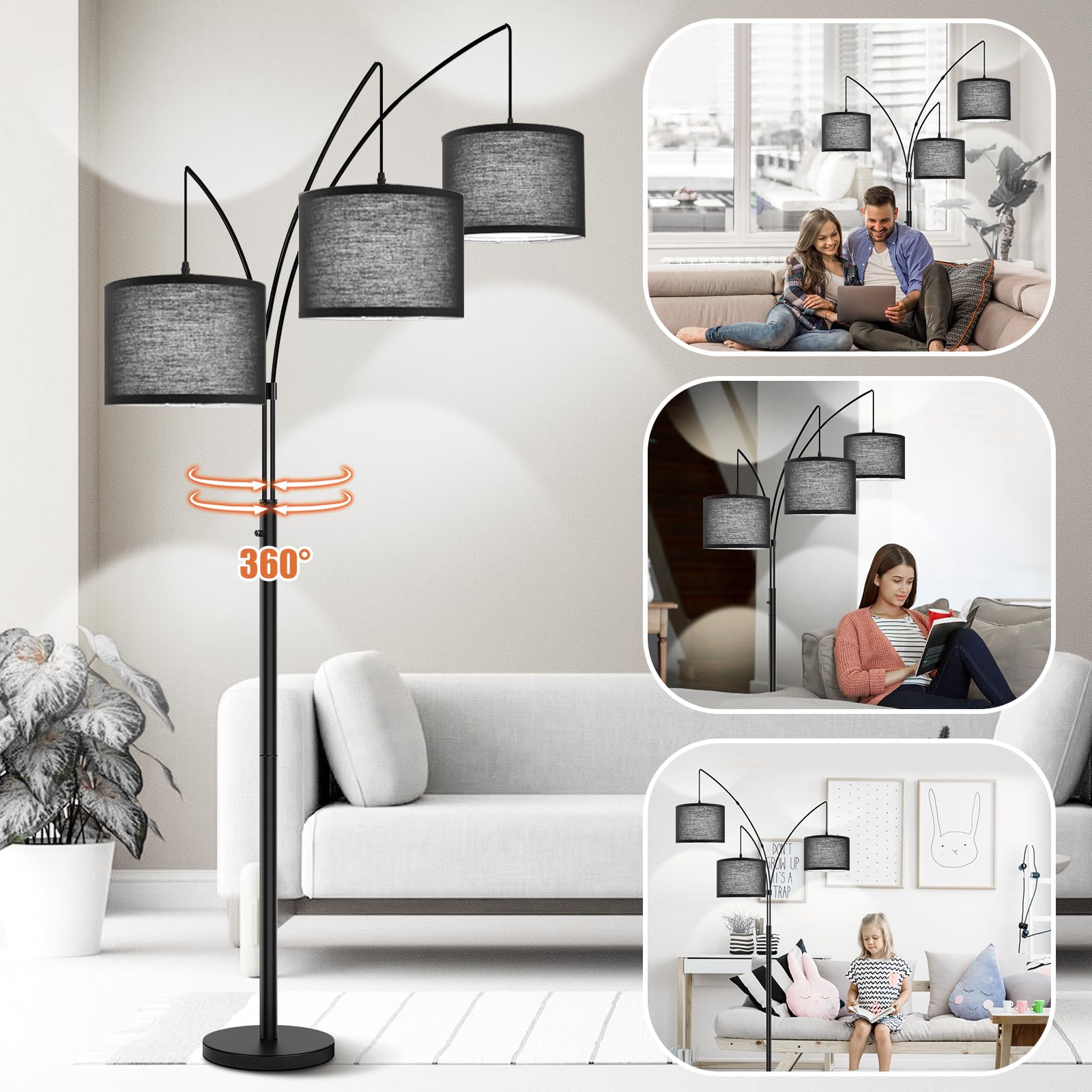3 Lights Arc Floor Lamps For Living Room,Modern Tall Standing Lamp Hanging Over The Couch With Shades & Heavy Base,Mid Century B