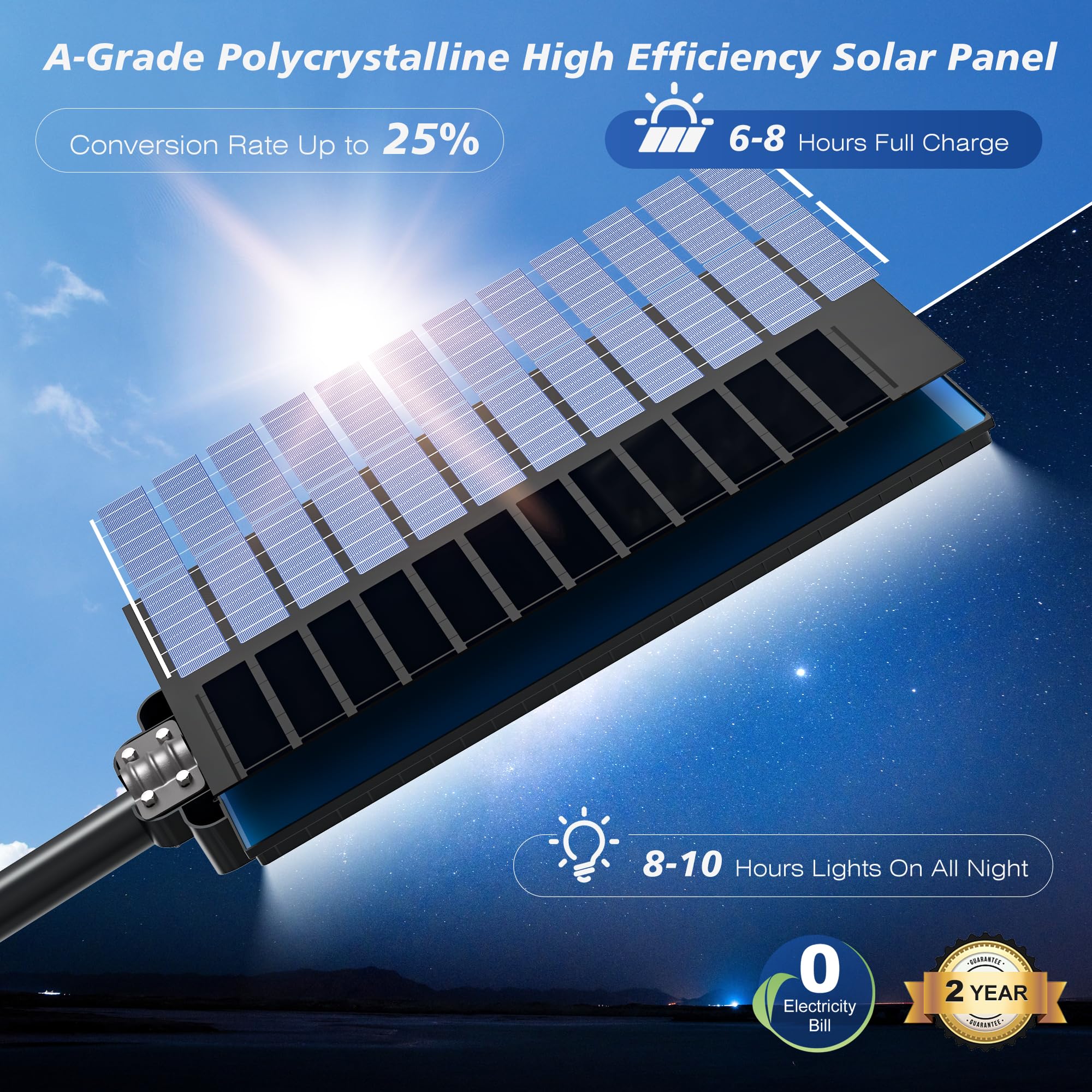 WYWNA 8000W Solar Street Light - Black, IP66 Waterproof, Motion Sensor, Remote Control, Model WY-TSL-1, Dusk to Dawn