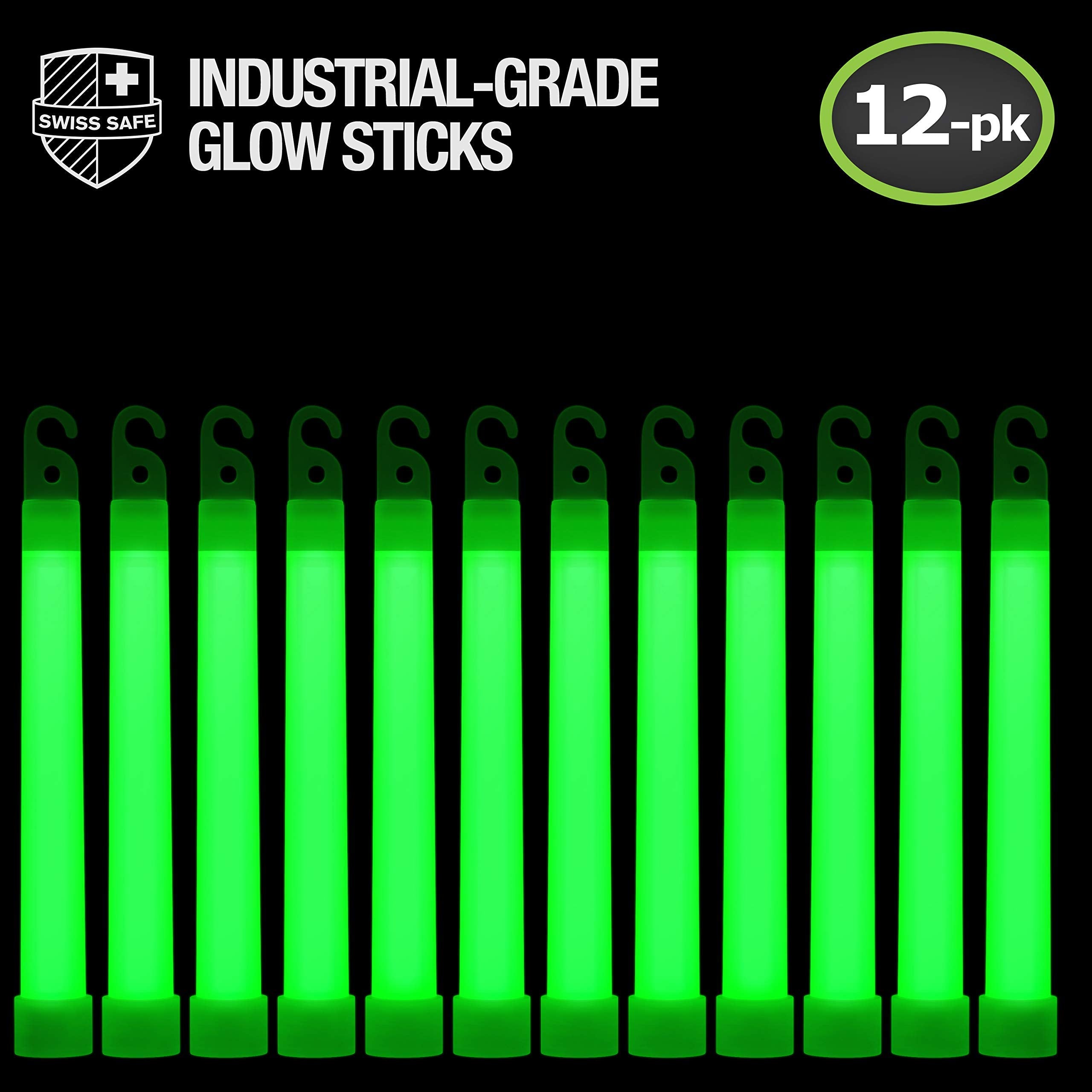 Swiss Safe Premium 6'' Glow Sticks - Extra Bright, 12+ Hour Duration, Emergency Ready (Green 12-Pack)