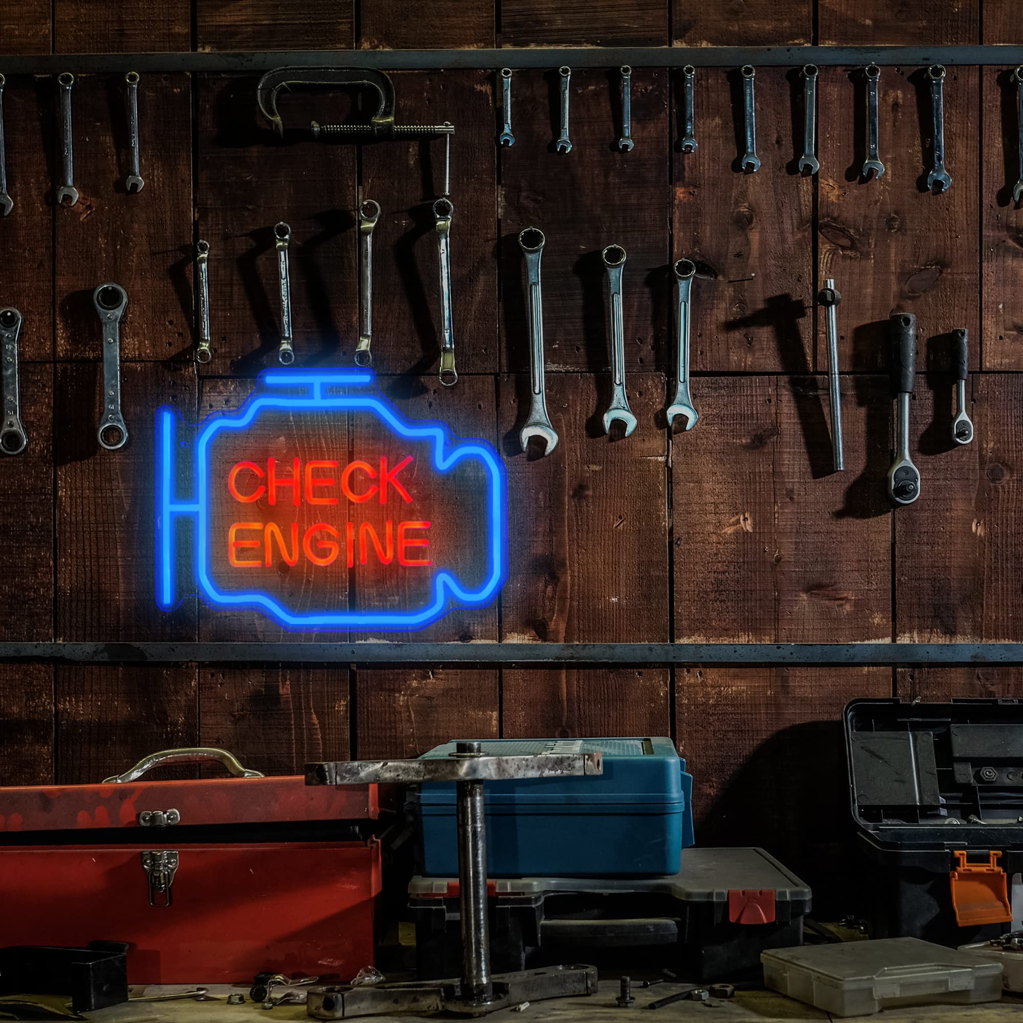 Abooly LED Neon Sign, Check Engine Wall Decor, Acrylic, 15.7x11.8in, Red+Blue