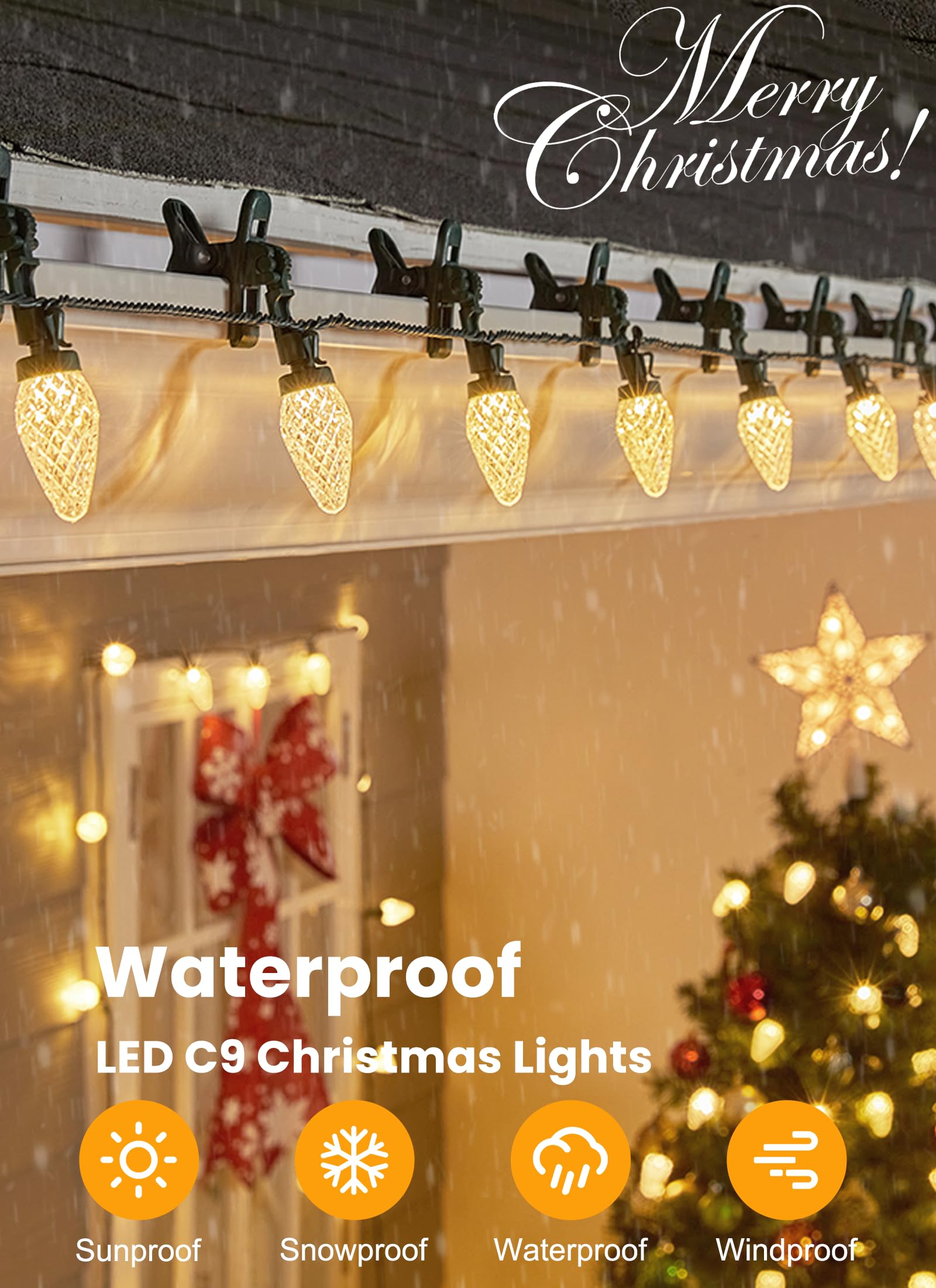 C9 Led Christmas Lights Outdoor  66 Feet 100 Led C9 String Lights With 100 Spring Clips  Waterproof Connectable Christmas Tree Lights For Outside Roofline Patio Home Xmas Decor  Warm White 2 Pack