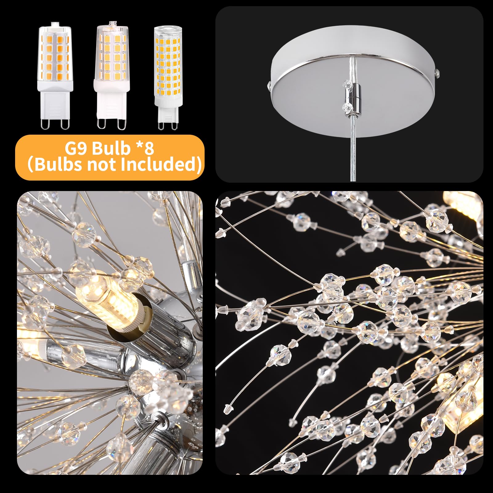 SADALAK Gold Sputnik Chandelier, 8-Light Dandelion Pendant Light, G9 Socket for Dining Room, Kitchen, Bedroom, Foyer, Model SADALAK-DJ-PL040