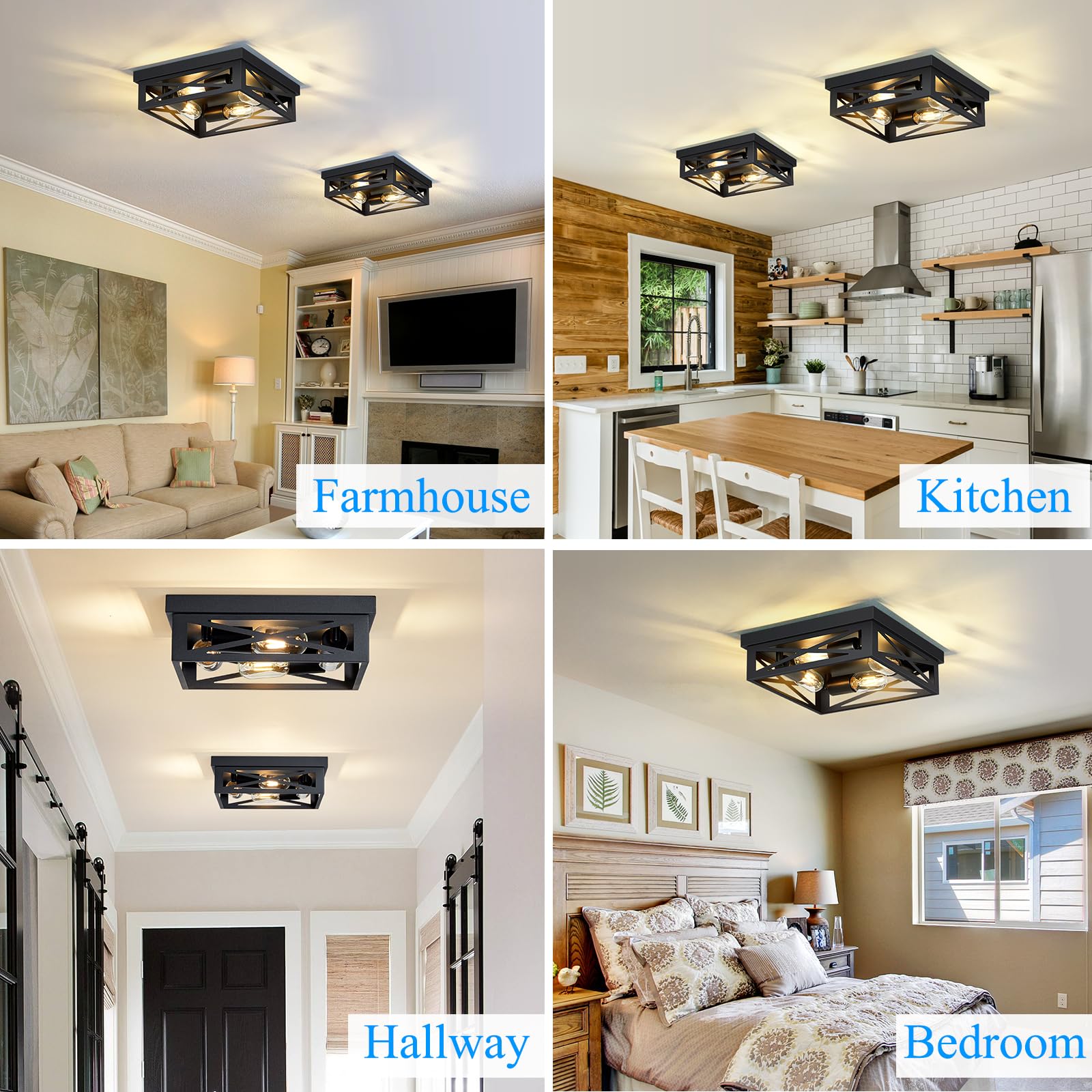 SKEJAO 4-Light Black Flush Mount Ceiling Light Fixture, 12" Metal Design for Hallway, Kitchen, Bedroom (2 Pack)