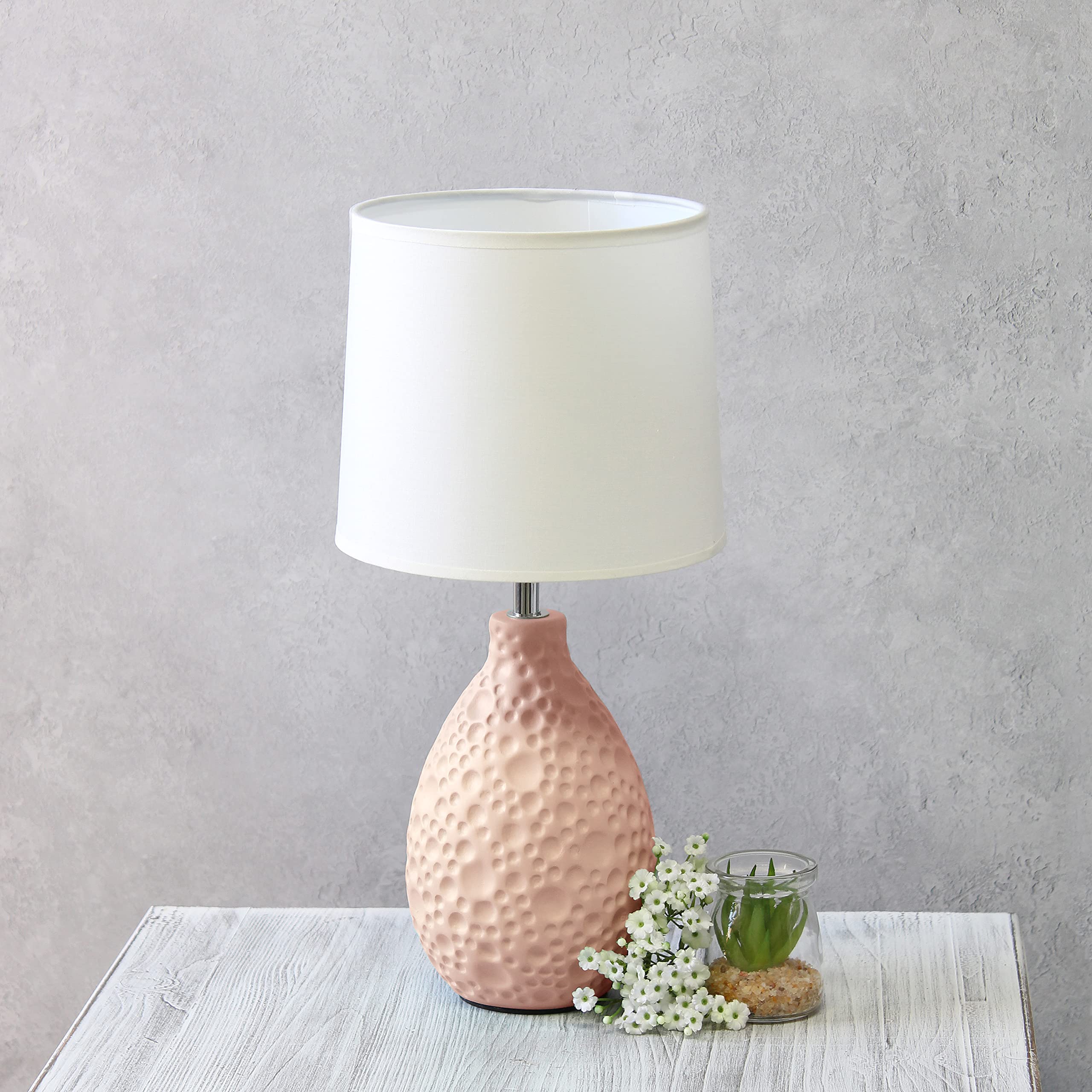 Simple Designs Lt2003-Pnk Textured Stucco Ceramic Oval Table Lamp With White Fabric Shade, Pink