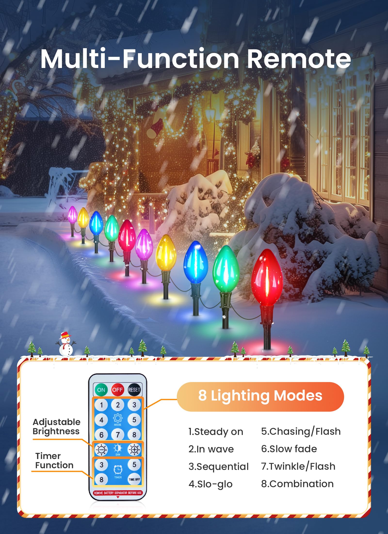 Minetom Solar C9 Christmas Pathway Lights - 16FT, 10 LED, 8 Modes, Multicolor, Outdoor Decorations